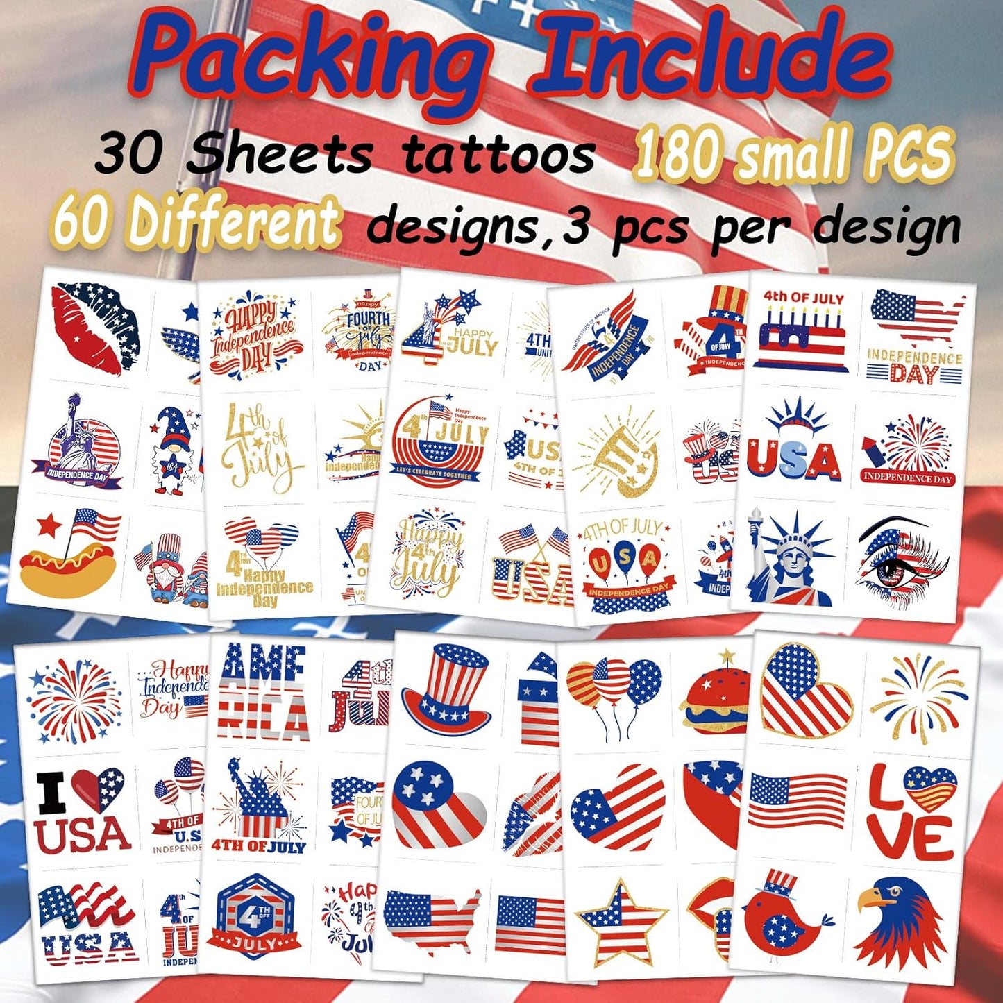 Fourth of July Temporary Tattoos for Kids - 180 Patriotic USA Flag Designs | Red, White & Blue Party Supplies