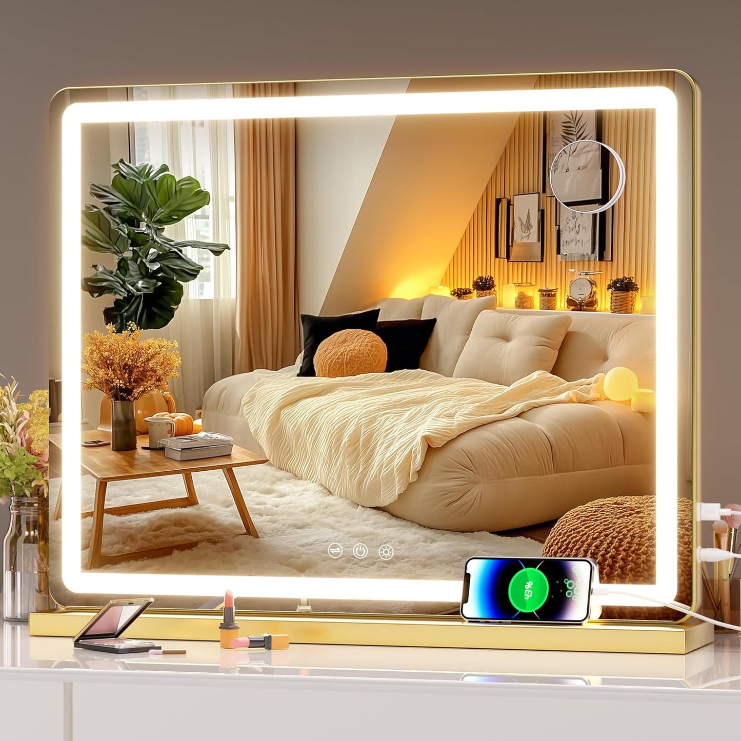 LED Makeup Mirror with Lights - 31.5" x 22" Dimmable Touch Screen Vanity Mirror | Round Black Design