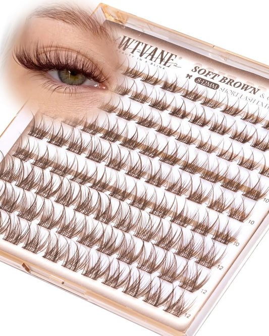Wtvane Brown Lash Clusters Natural Eyelash Clusters 8-10-12mm Short Lash Extensions Wispy Lash Clusters C Curl Individual Lashes Cluster with Thin Band Soft Brown Eyelashes Clusters for Clean Makeup