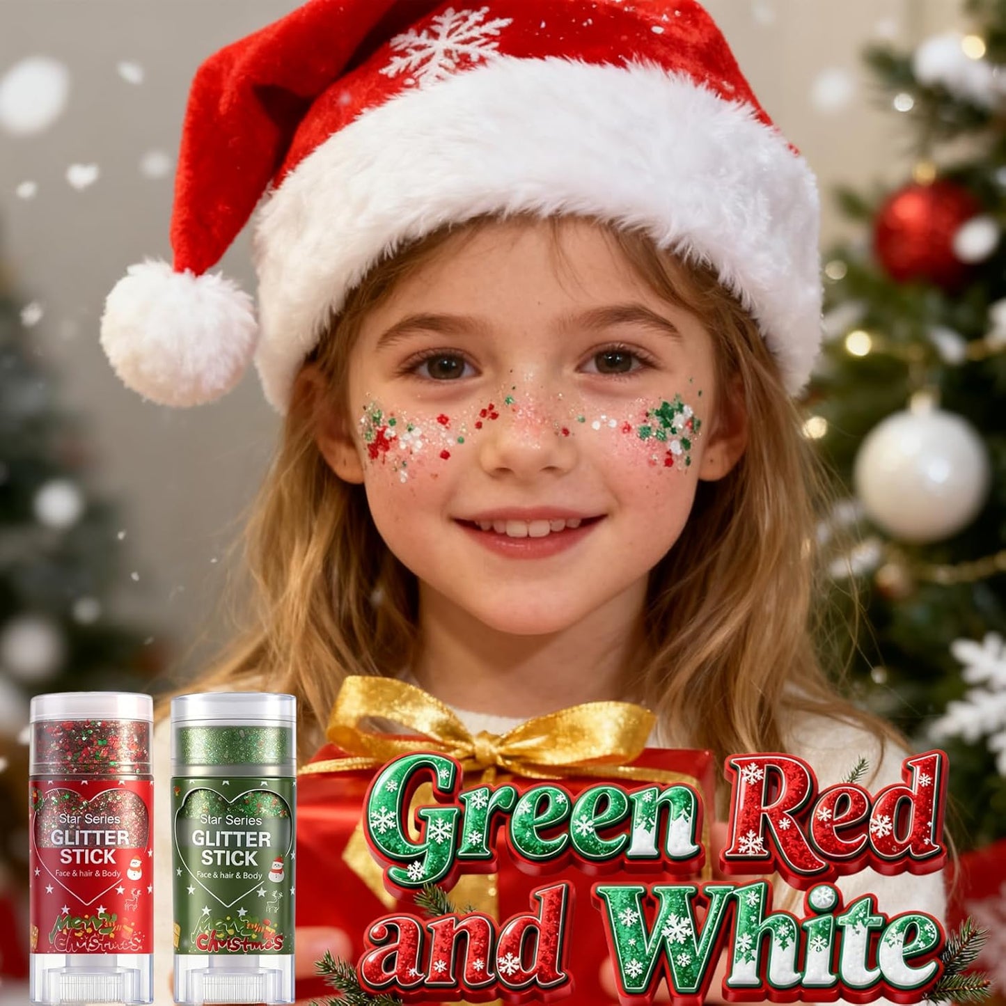Christmas Body Glitter Stick - Waterproof Face & Hair Glitter for Kids & Adults | Long-Lasting Red Gel for Festivals & Concerts