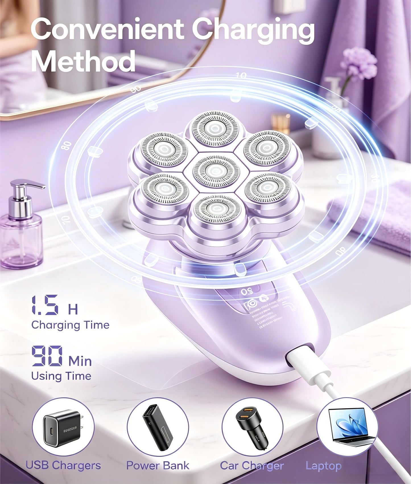 Electric Razors for Women, 7D Magnetic Heads Full Body Shaver, 5-in-1 Waterproof Wet Dry Hair Remover with LED Display, Bikini Trimmers for Underarms, Face, Legs, Lips, Arms
