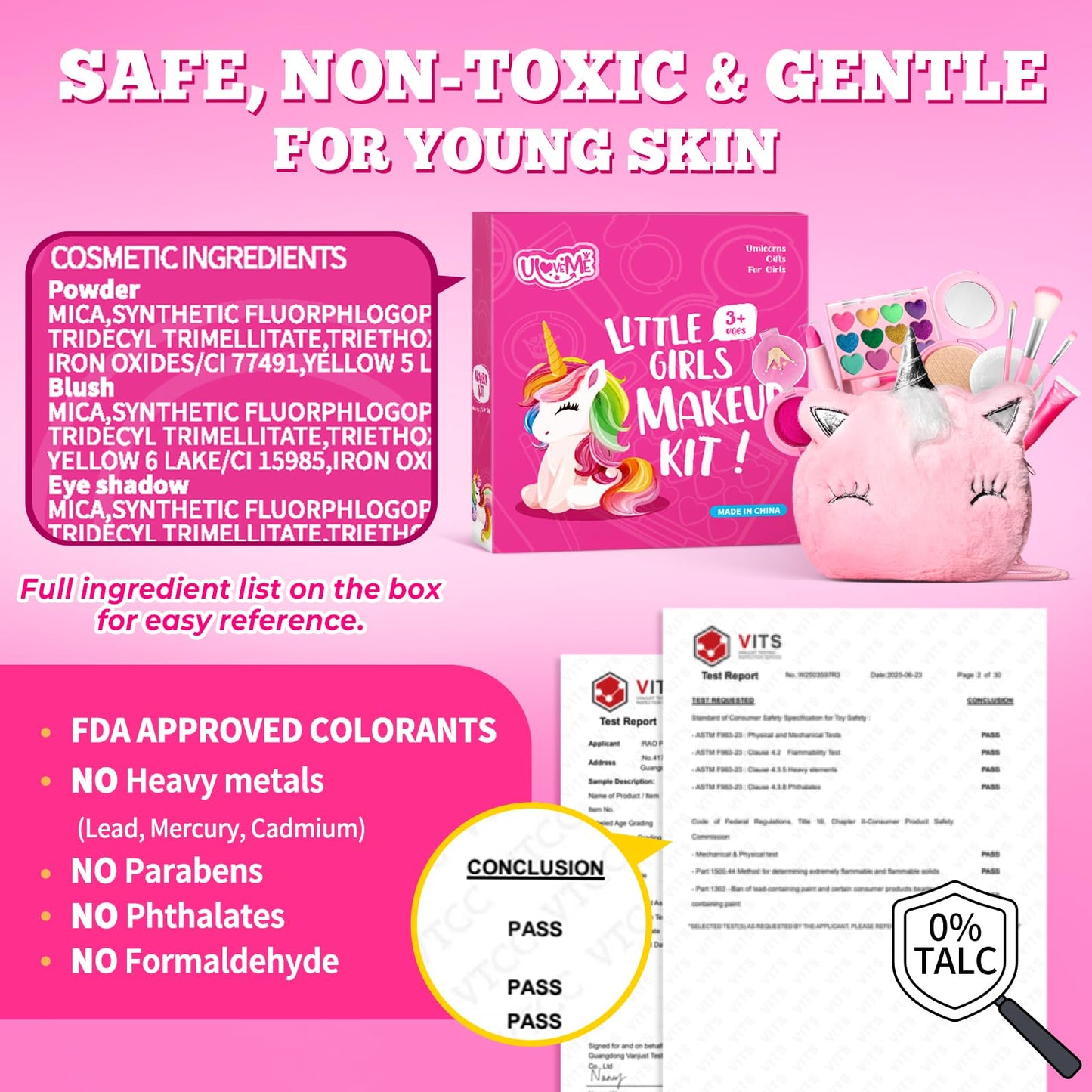 ULOVEME Talc-Free Real Kids Makeup, Mica-Based Washable Makeup Kit for Girls with Fluffy Unicorn Purse - Hypoallergenic Makeup for Sensitive Skin Kids - Gift for 5 -8 Years Old Girls Birthday