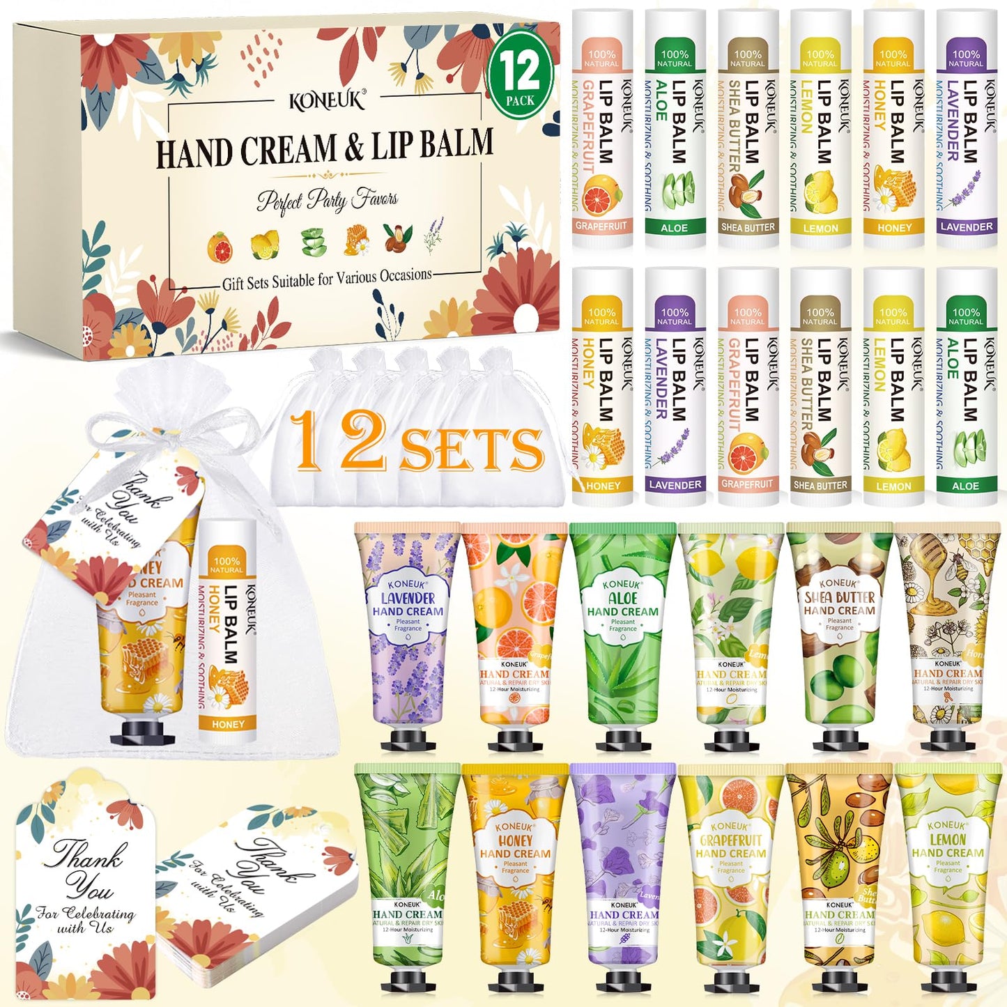 12 Pack Bulk Hand Cream and Lip Balm Set, Bulk Gifts for Women, Teacher Appreciation Gifts, Thank You Gifts, Bridal Shower Favors, Bridesmaid Gifts, Wedding Shower Favors and Small Gifts for Guests