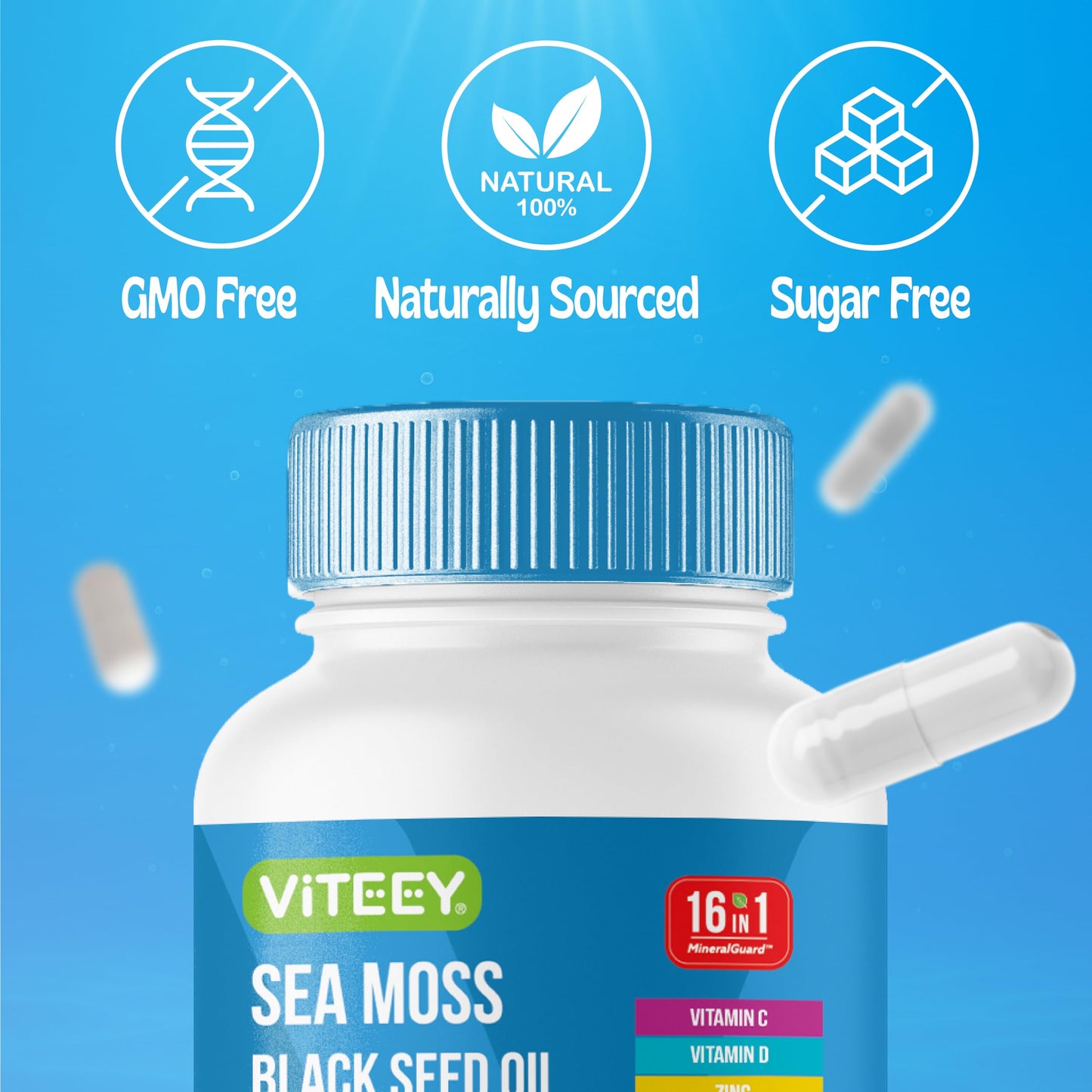 Viteey Sea Moss Capsules with Black Seed Oil – Irish Sea Moss Supplement with Bladderwrack, Burdock Root & Ashwagandha – Immune & Mineral Support - 60 Capsules