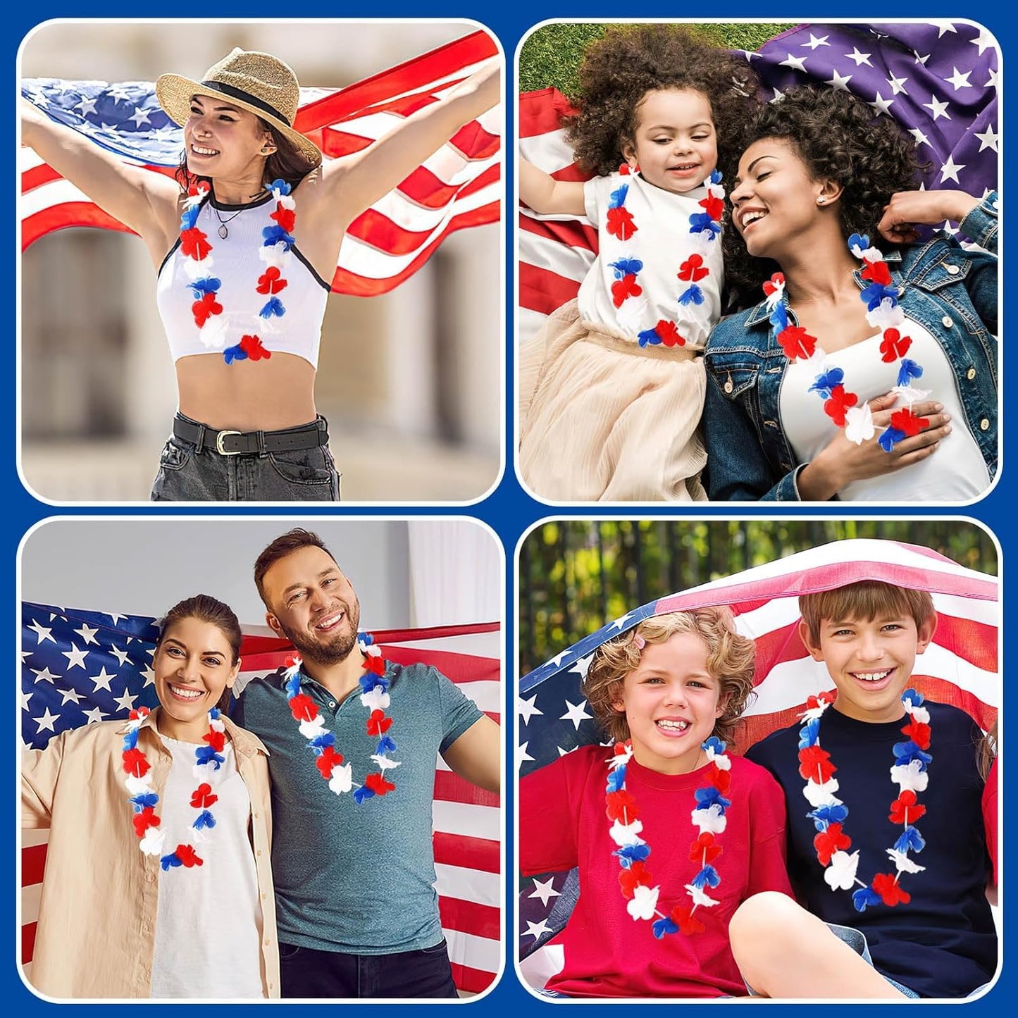 Patriotic Leis - 24 Pack Red White and Blue Flower Necklaces for 4th of July | Hawaiian Luau Decorations