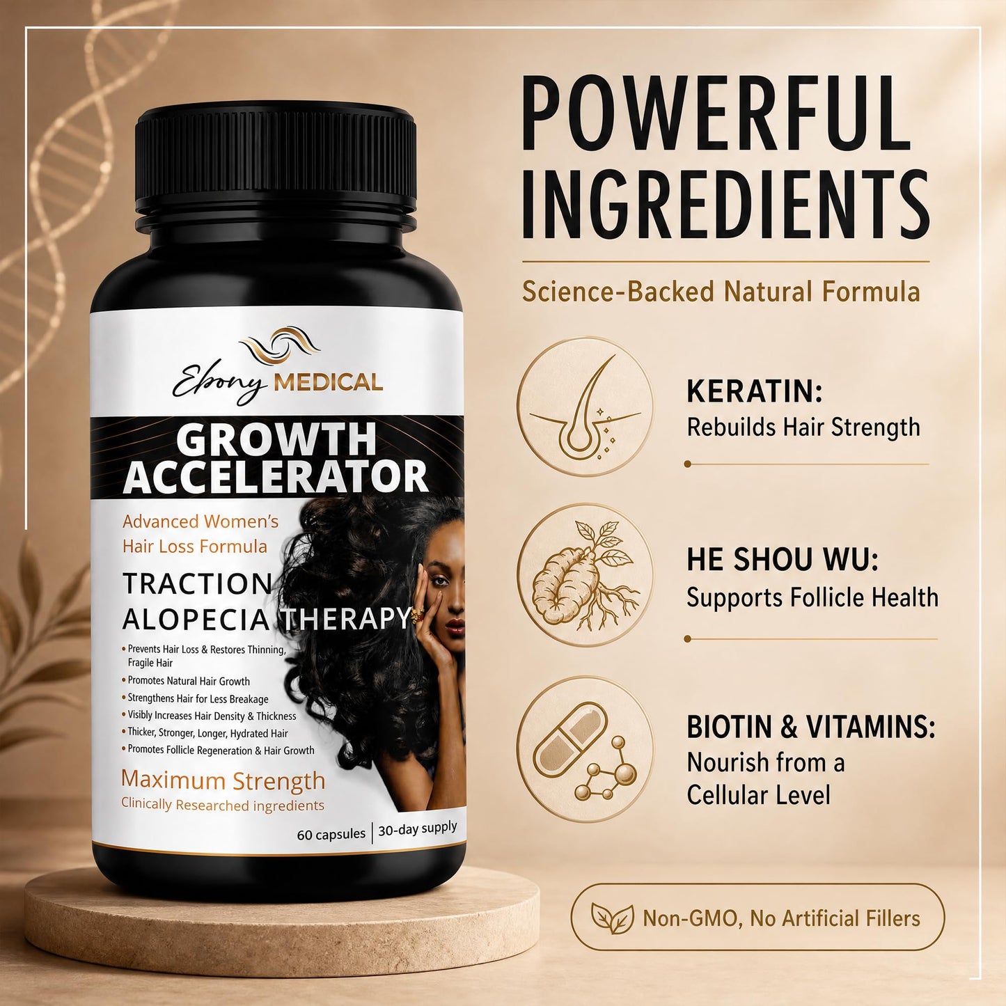 Ebony Medical Hair Support Supplement for Women of Color – Thinning Hair & Traction Alopecia Support – Keratin Boost, Follicle Nourishment, and Hair Strength Vitamins – 30-Day Supply