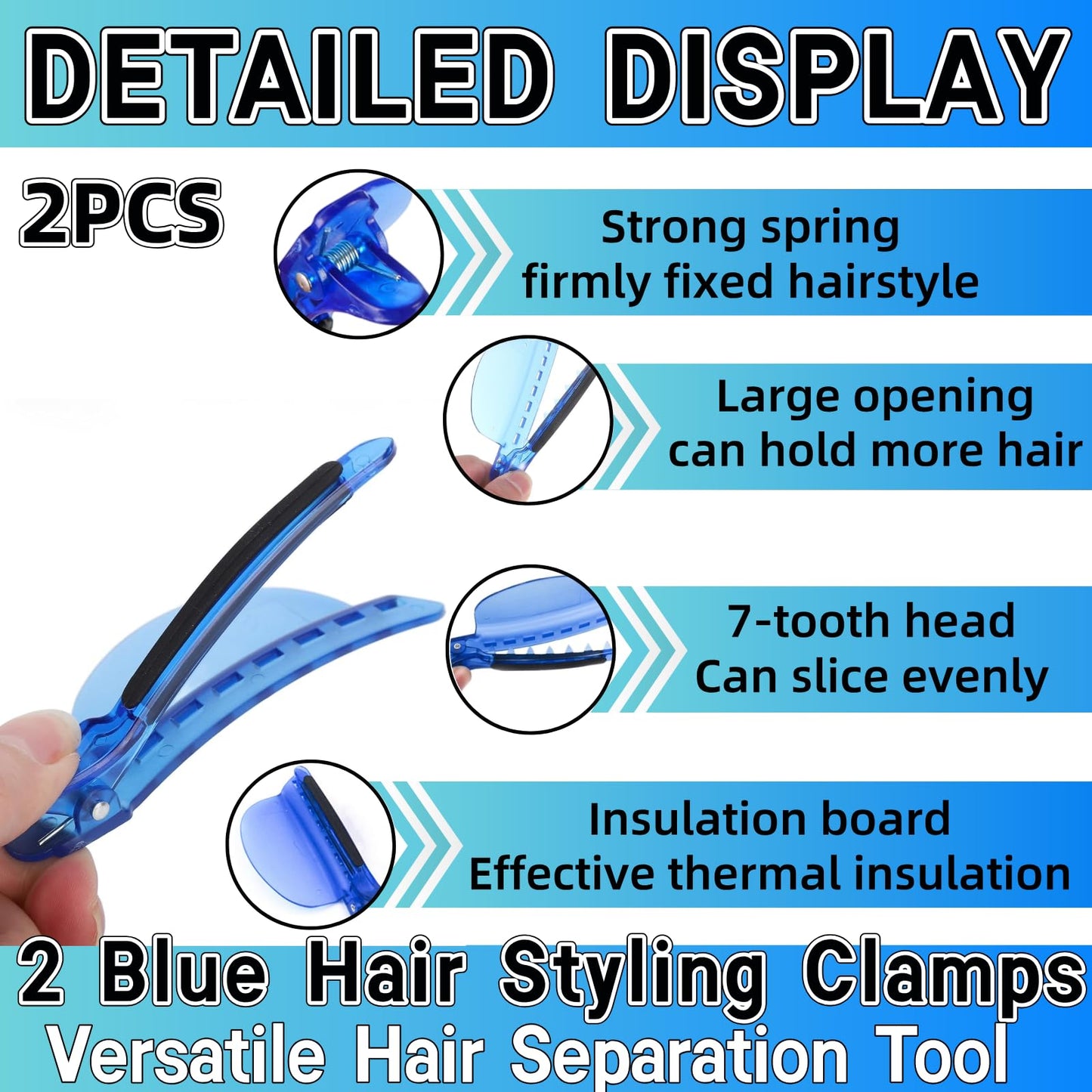 Heat Insulation Sectioning Clips, 2PCS Blue Hair Styling Clips - Wig & Extension Separator Tools 7-Tooth Design (9.5x4.5cm/3.7x1.7in) for Highlighting, Dyeing, Salon & Home Use
