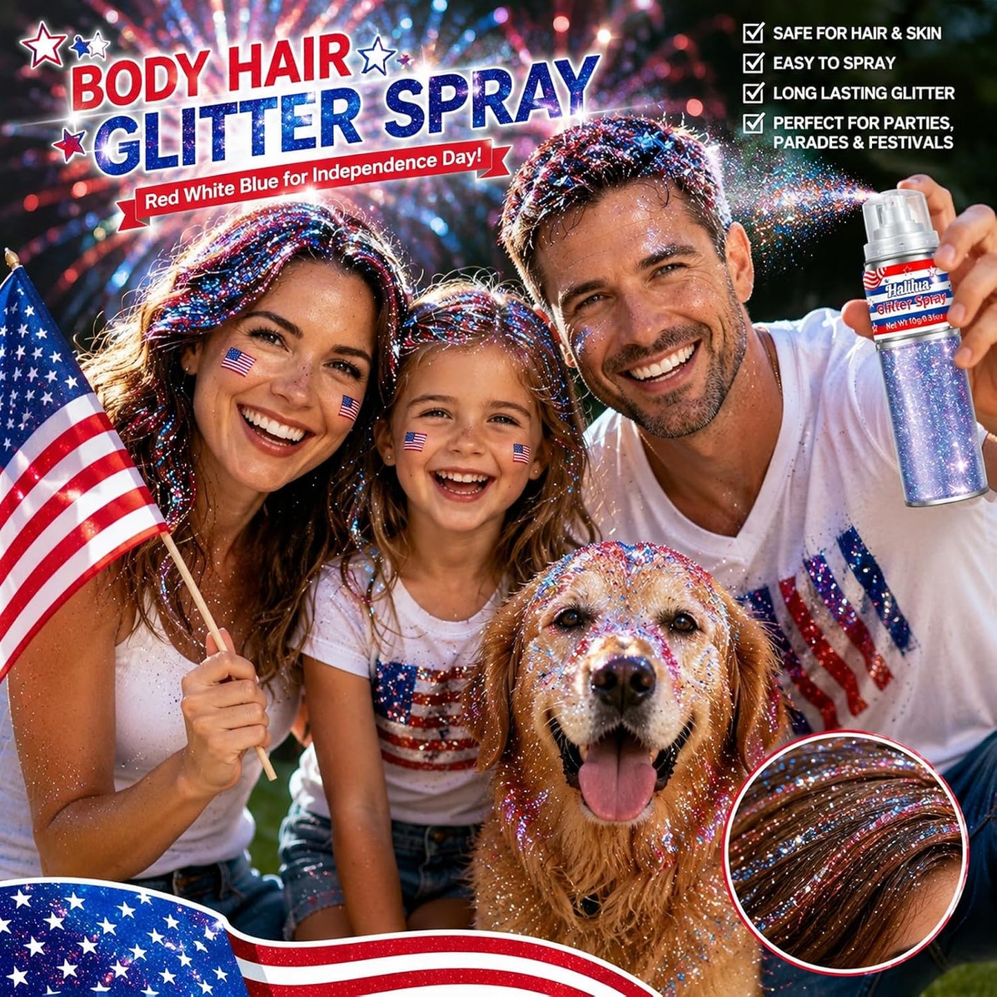 Red White Blue Glitter Spray - Patriotic Hair & Body Shimmer for 4th of July | Quick Dry, Lightweight Sparkle for Parties
