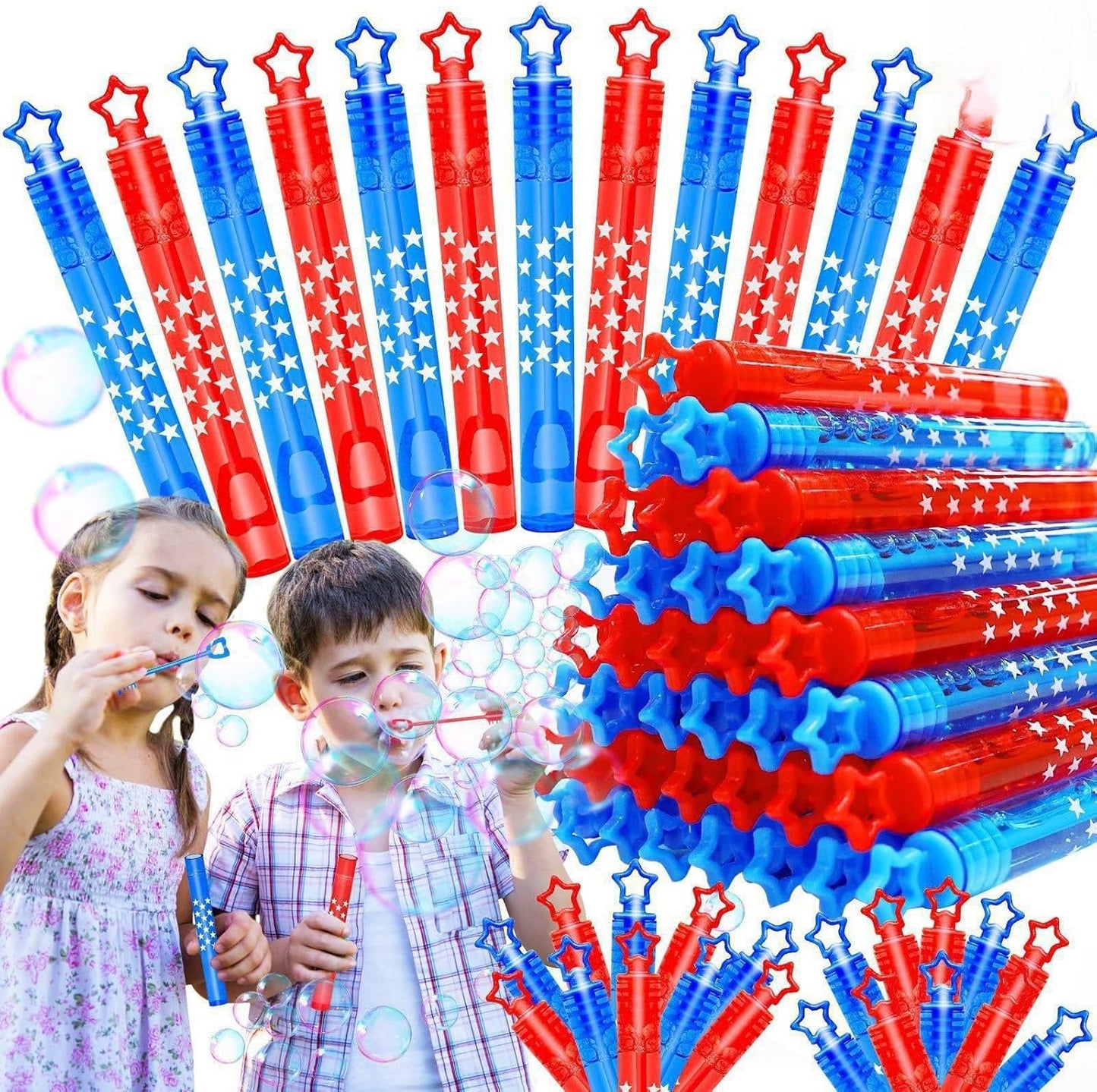 4th of July Party Favors - 100 Mini Bubble Wands | Patriotic Red, White & Blue Bubbles for Kids' Birthday Celebrations