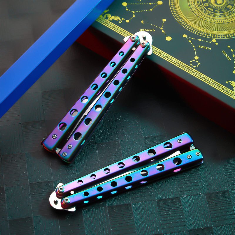 Flutesan 2 Pcs Butterfly Fork and Spoon Set, Tactical Butterfly Spoon Folding Stainless Steel Spork Utensil Set Balisong Trainer for Travel Camping Hunting BBQ Kitchen(Colorful)