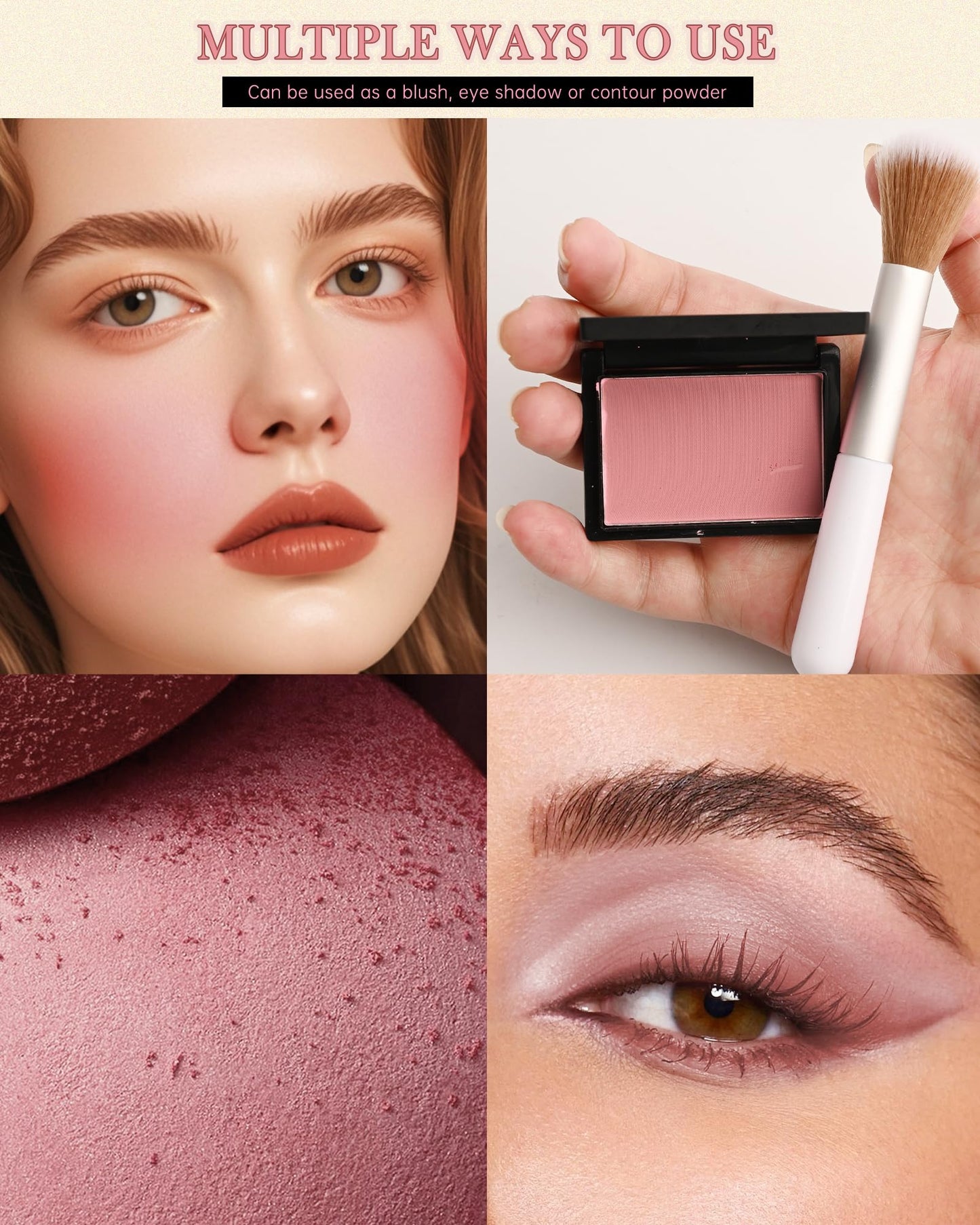 Matte Blush Powder for Cheeks,Contour Blusher Palette with Brush,High Pigment Lightweight Buildable Color, Waterproof Long-lasting Facial Makeup,Christmas Gifts for Women Girl-01# Peach Pink