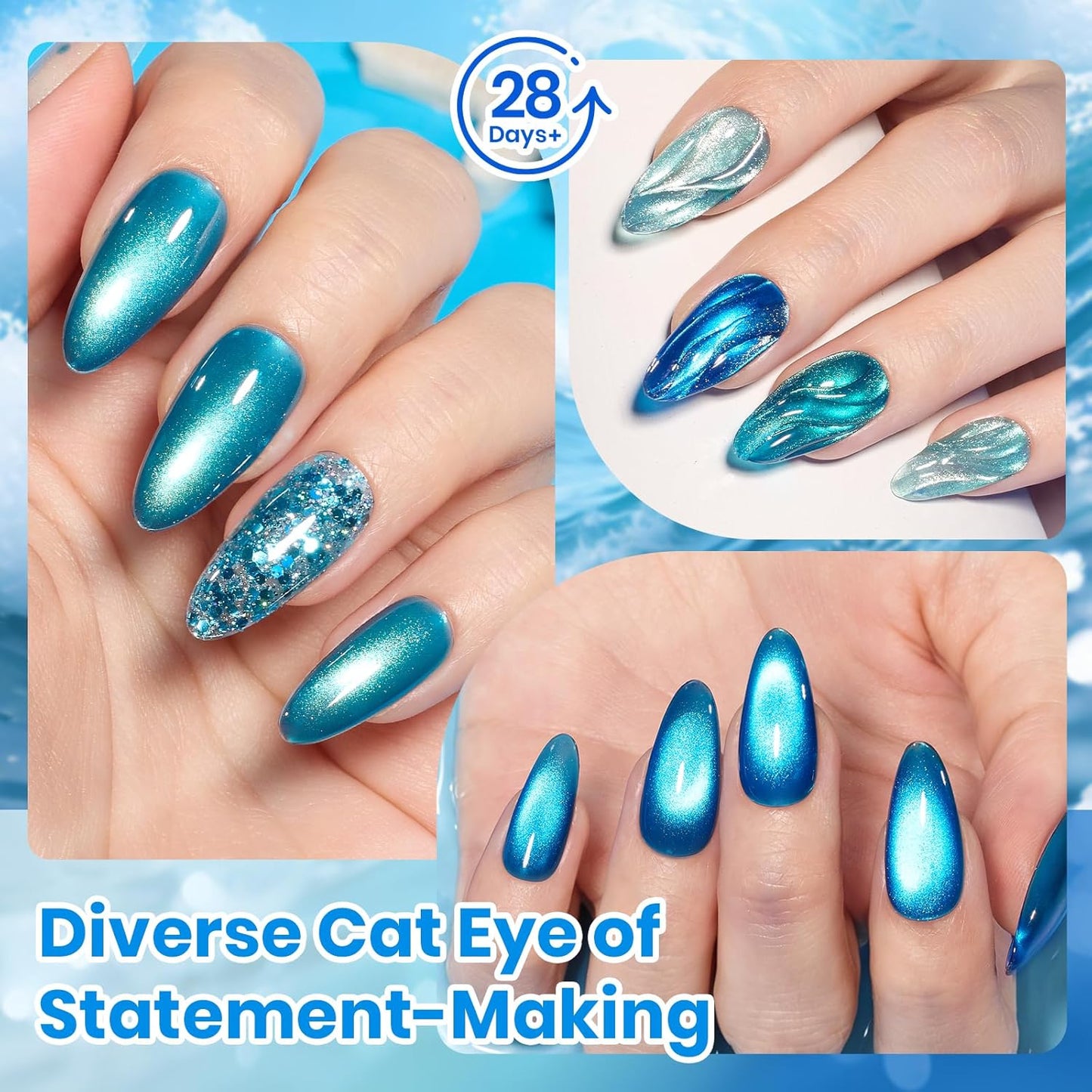 Beetles Cat Eye Gel Nail Polish Set - 6 Summer Glitter Colors | Mint Green, Icy Blue, Teal, Sapphire, Navy, 3D Shimmer Effect