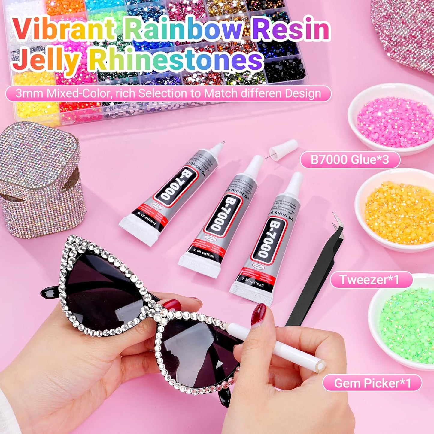 Jelly Rhinestones - 46000 Pcs 42 Colors Flatback Gems for Crafting | 3mm Multicolor with B7000 Glue