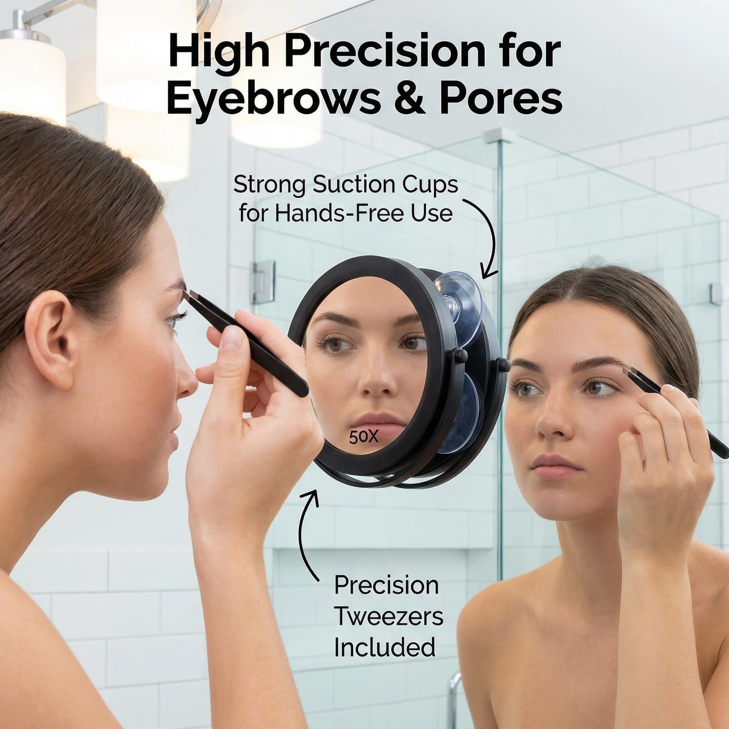 50X Magnifying Makeup Mirror, Small Round Cosmetic Tool with Suction Cups and Tweezers, Portable Handheld Mini Compact Mirror for Precision Pore Extraction Eyebrow Plucking and Travel Black