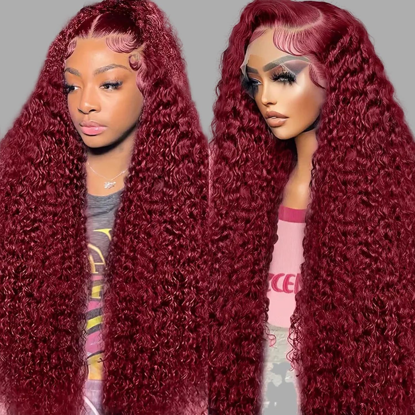 32-Inch Water Wave Red Human Hair Wig - 99J Burgundy Lace Front | Deep Wave 13x6 HD Curly Wig for Women