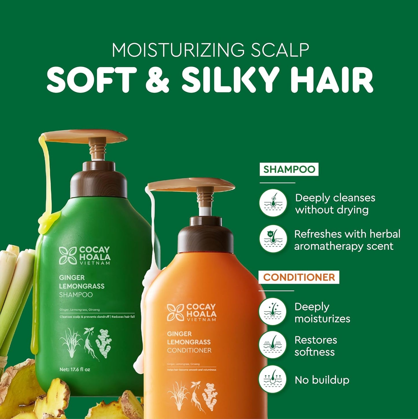 Lemongrass & Ginger Shampoo and Conditioner Set - Strengthens Thinning Hair | Paraben Free, 17.64 oz, 2 Pack