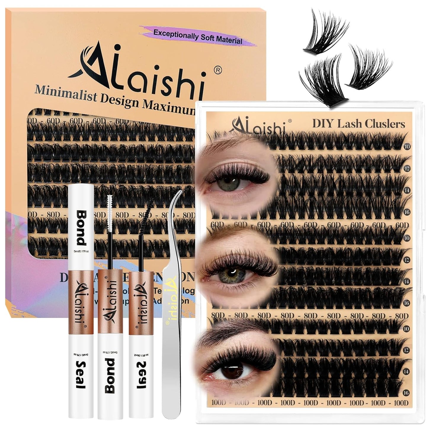 DIY Cluster Eyelash Extensions Kit - 224pcs Fluffy D Curl Lashes | 9-16mm, Bond & Seal, Tweezers Included