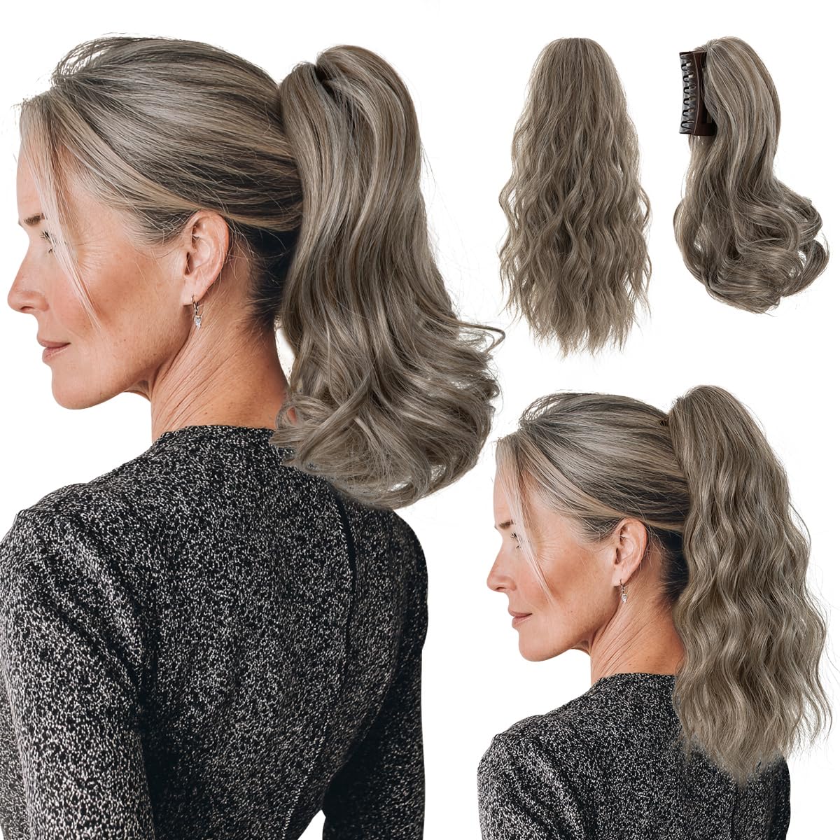 Ponytail Extensions - Wavy Curly Claw Clip Hairpieces for Women | 12" & 14" Beige Multi Set