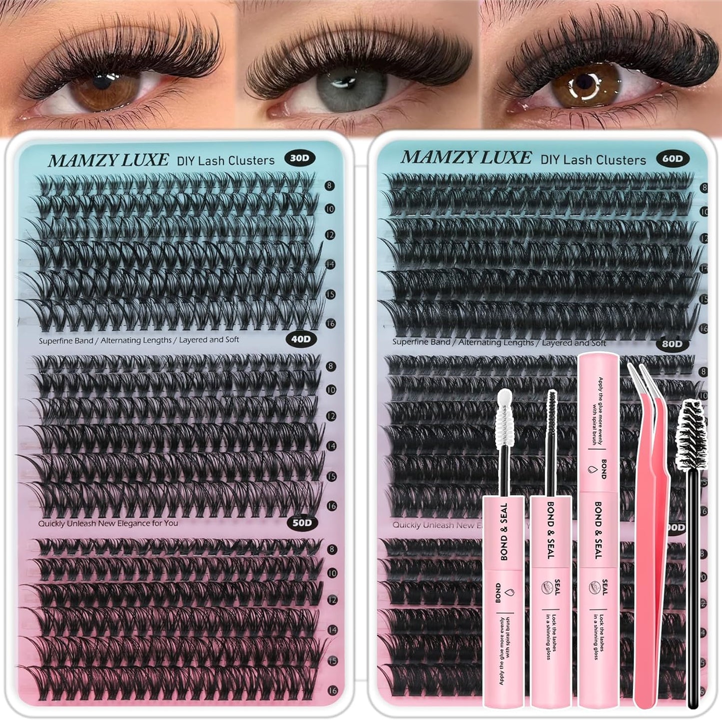 Lash Clusters Kit - 708 Pcs Individual Eyelash Extensions | 30D-100D Wispy Lashes with Bond, Seal & Tweezers - 10-16mm Mix