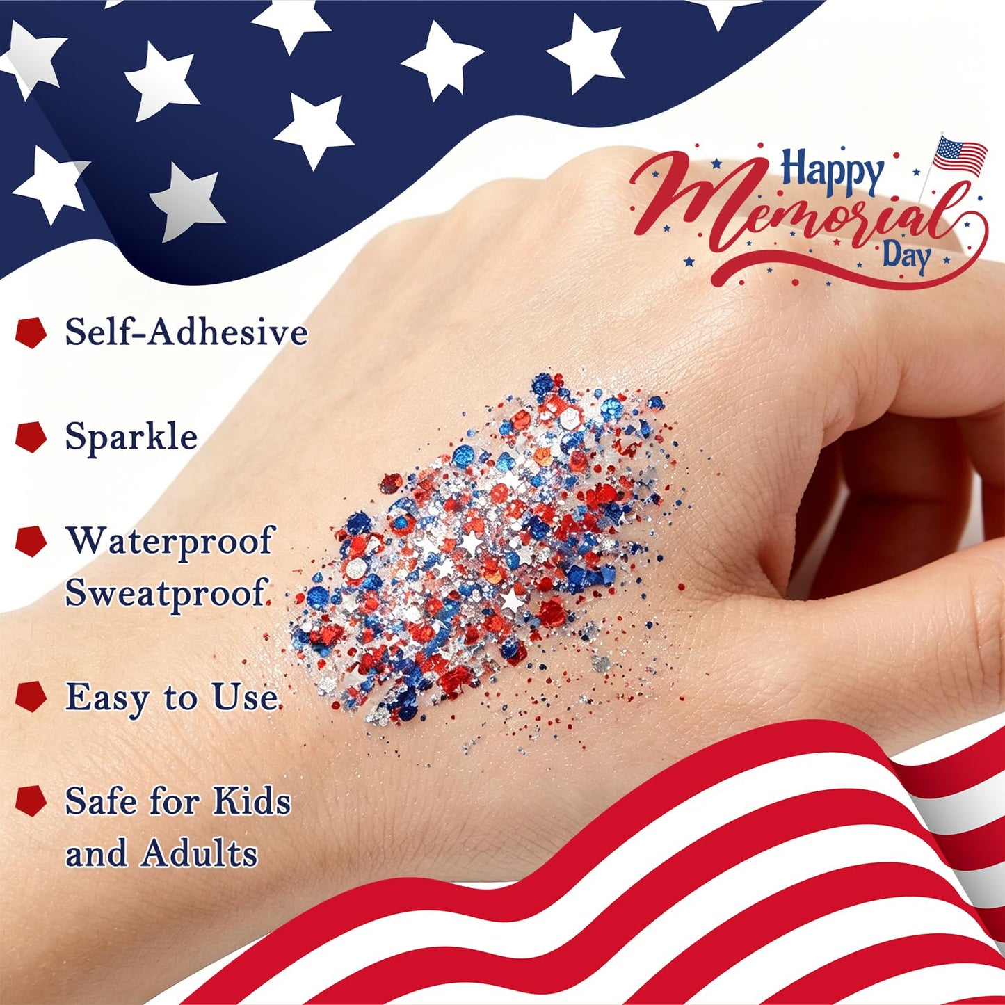 Patriotic 4th of July Body Glitter Stick,Sparkle Red White and Blue Hair Face Glitter for Independence Day 250 Anniversary Party,4th of July Outfits and Decorations for Women Kids, Memorial Day