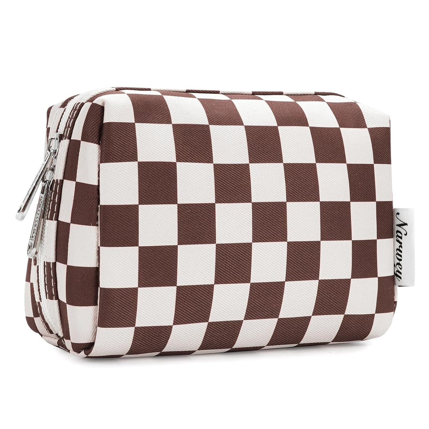 Checkered Makeup Bag - Travel Cosmetic Organizer with Compartments | Large Sky Blue Checkerboard