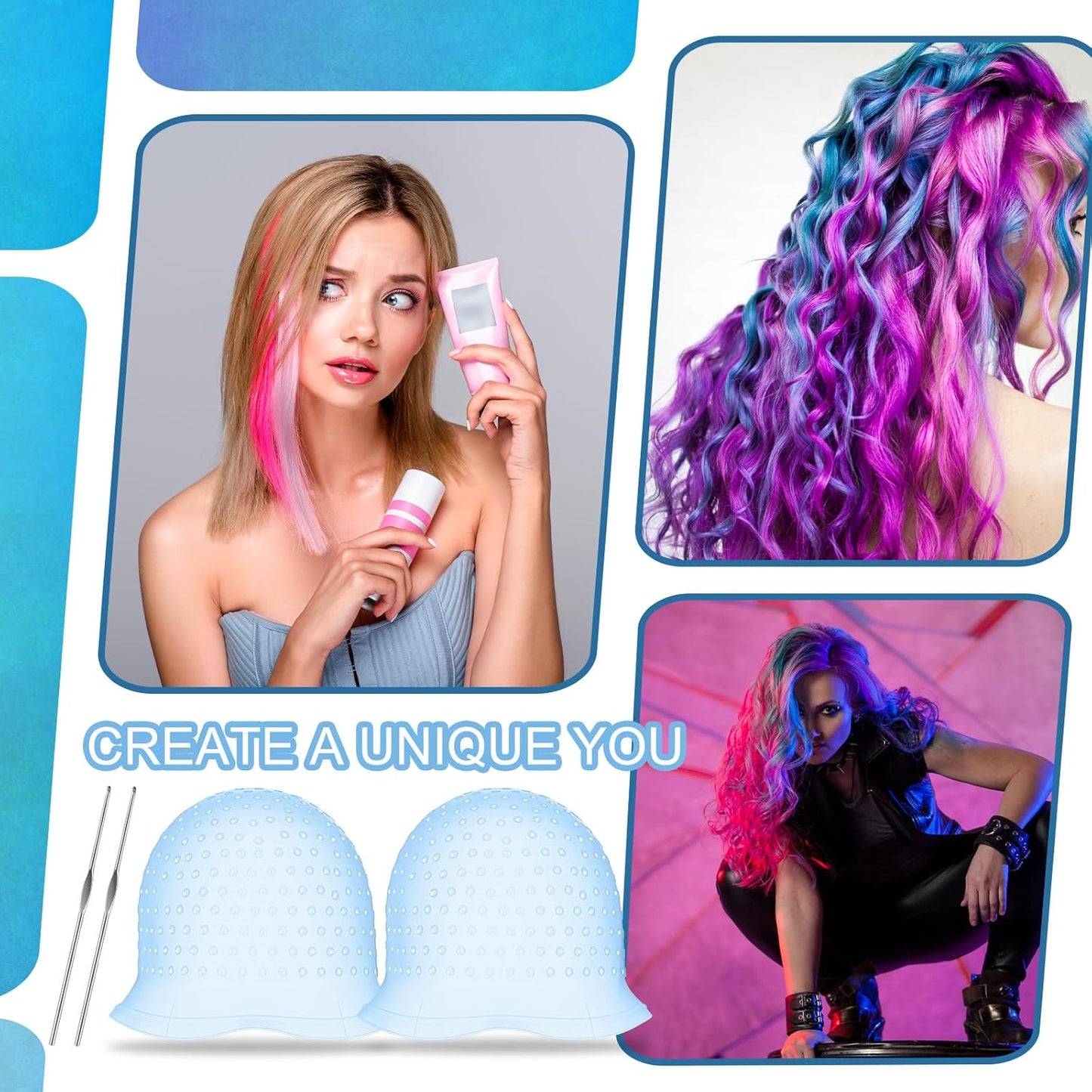 Hair Coloring Highlighting Cap - Reusable Silicone with Holes & Hook | 2 Pcs Set (Blue)