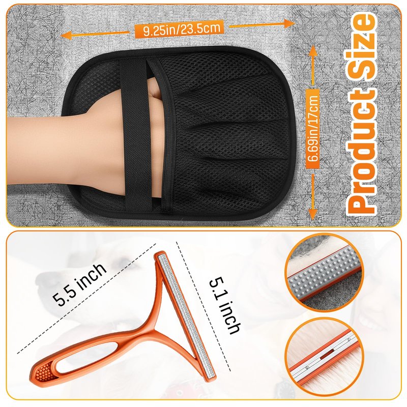 3pcs Large Pet Hair Removal Gloves for Cats | Electrostatic Magic Brush for Clothes, Beds, Sofa, Carpets | Fur Hero | Thickened Newly Upgraded | Fur Remover Mitt for Dogs, 2 Gloves + 1 Lint Scraper