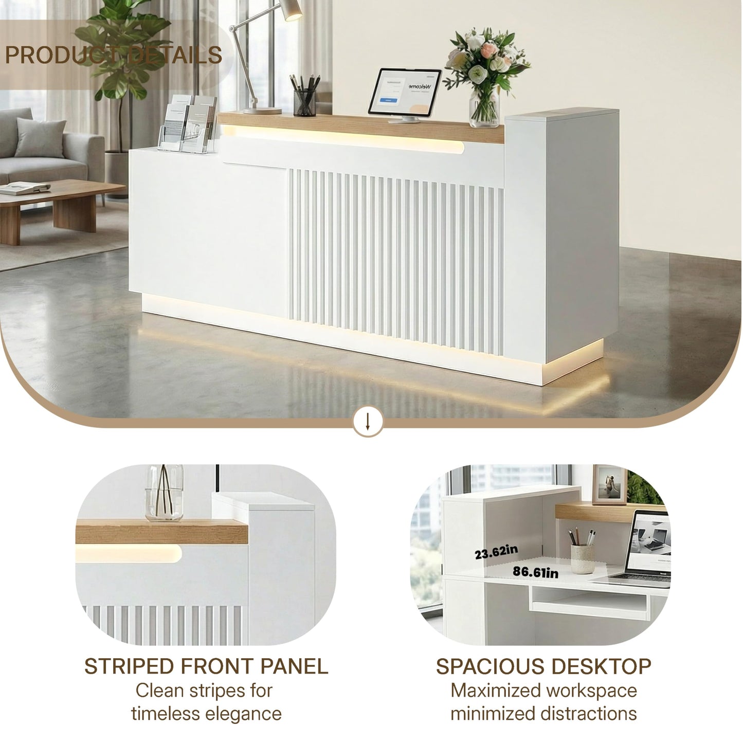 ZIMASYA 63" L-Shaped Reception Desk with Counter, Modern Commercial Front Desk with Power Outlets, Combination Lock Drawers, LED Lights for Office, Beauty Salon, Retail Store, White