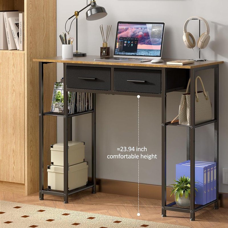 Computer Desk with Drawers - 37.3 Inch Home Office Workstation | Small Space Study Table in Brown