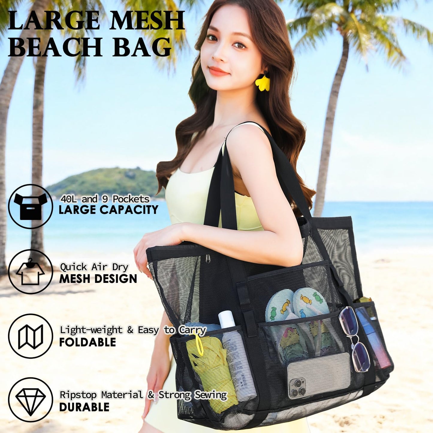 Fammart Extra Large Mesh Beach Bag for Women, Top Zipper Closure Pool Tote, SandProof Cruise Essentials 2026 Family Travel
