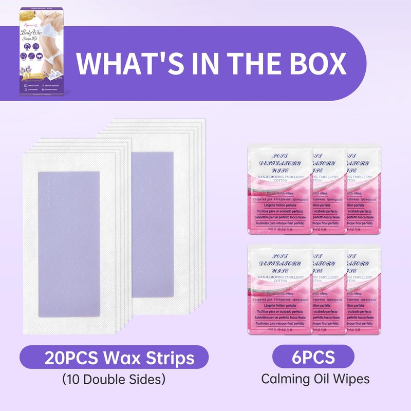 Beauty7 Women Wax Strips for Body, Ready to Use Waxing Strips, Legs Arms Chest Bikini Waxing, At Home Waxing, 20 Strip 6 Calming Oil Wipes for Sensitive Skin