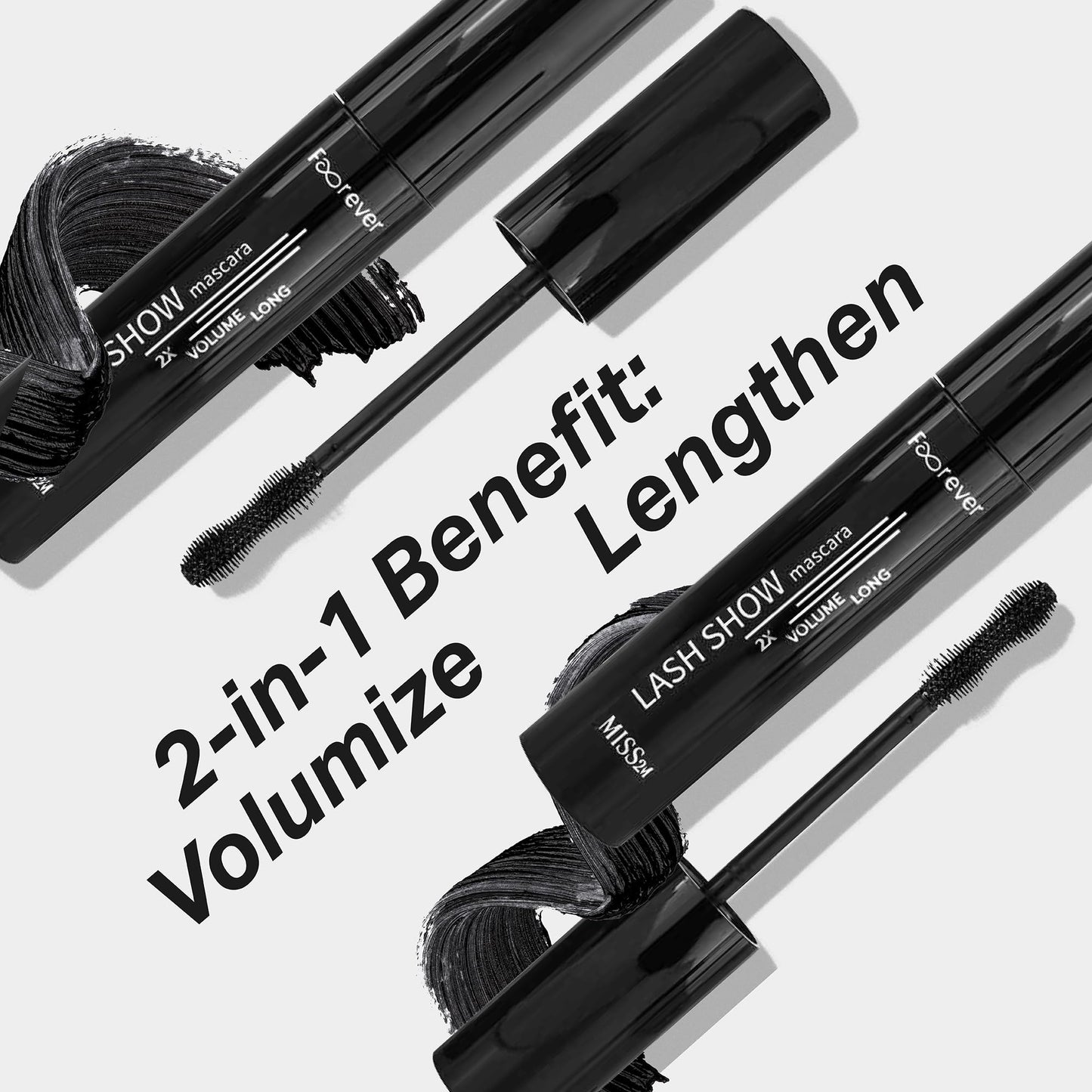 MISS2M Forever 2X Volume + Length Washable Mascara with Wide-Eyed Fan Effect and Hourglass Mascara Brush for Bold, Big Lashes, 0.34 Fl Oz