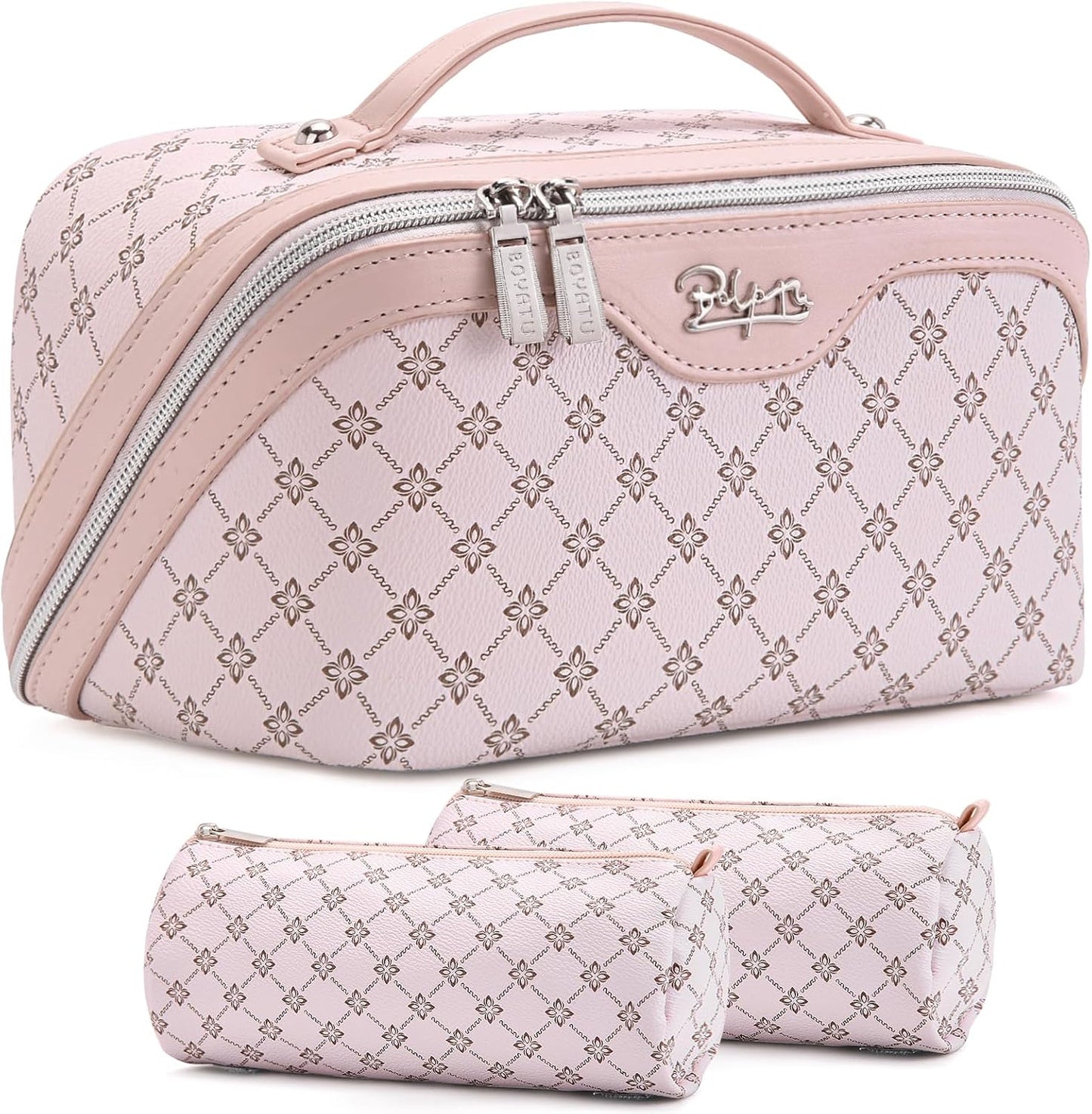 Travel Makeup Bag Set - Large Vegan Leather Cosmetic Organizer with Handle | 3 Pcs Portable Toiletry Bags in Coffee