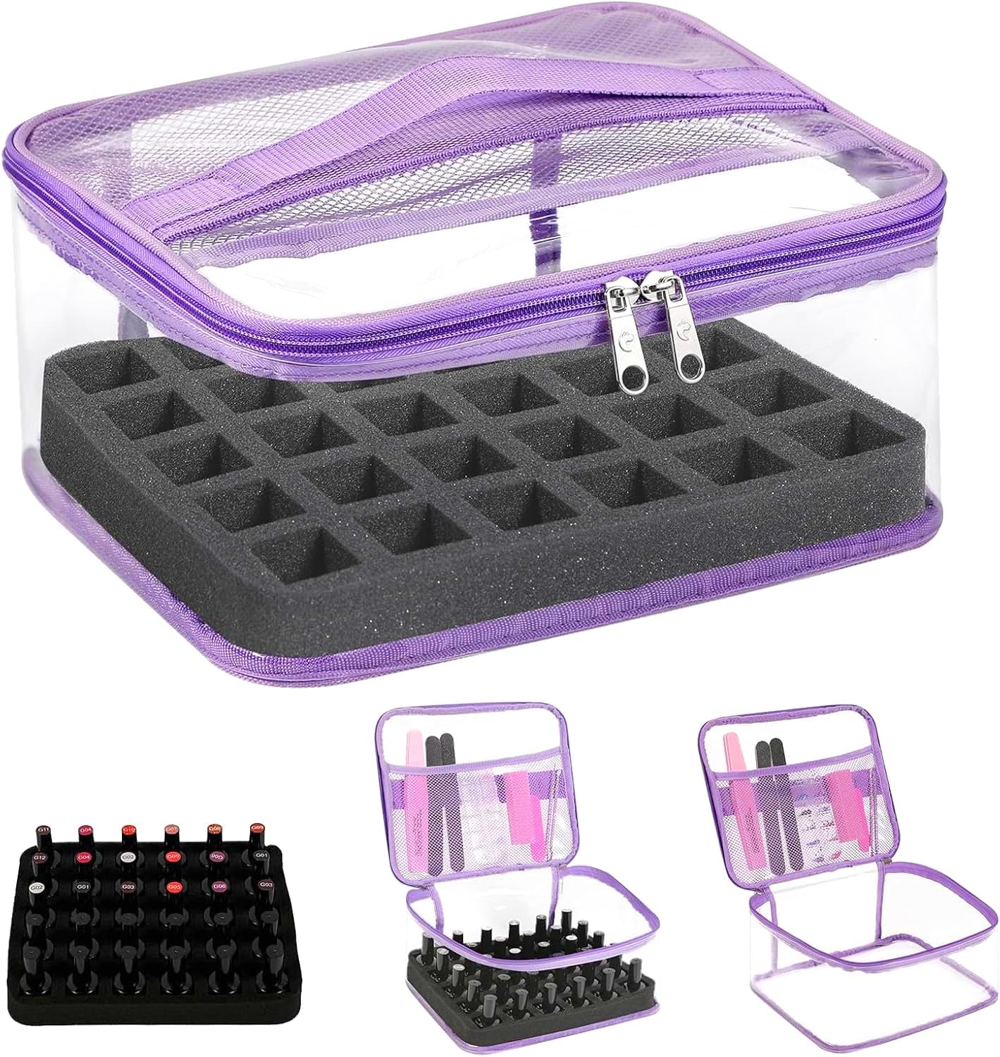 Clear Nail Polish Organizer - Holds 30 Bottles | Portable PVC Case with Manicure Tools Storage Sections