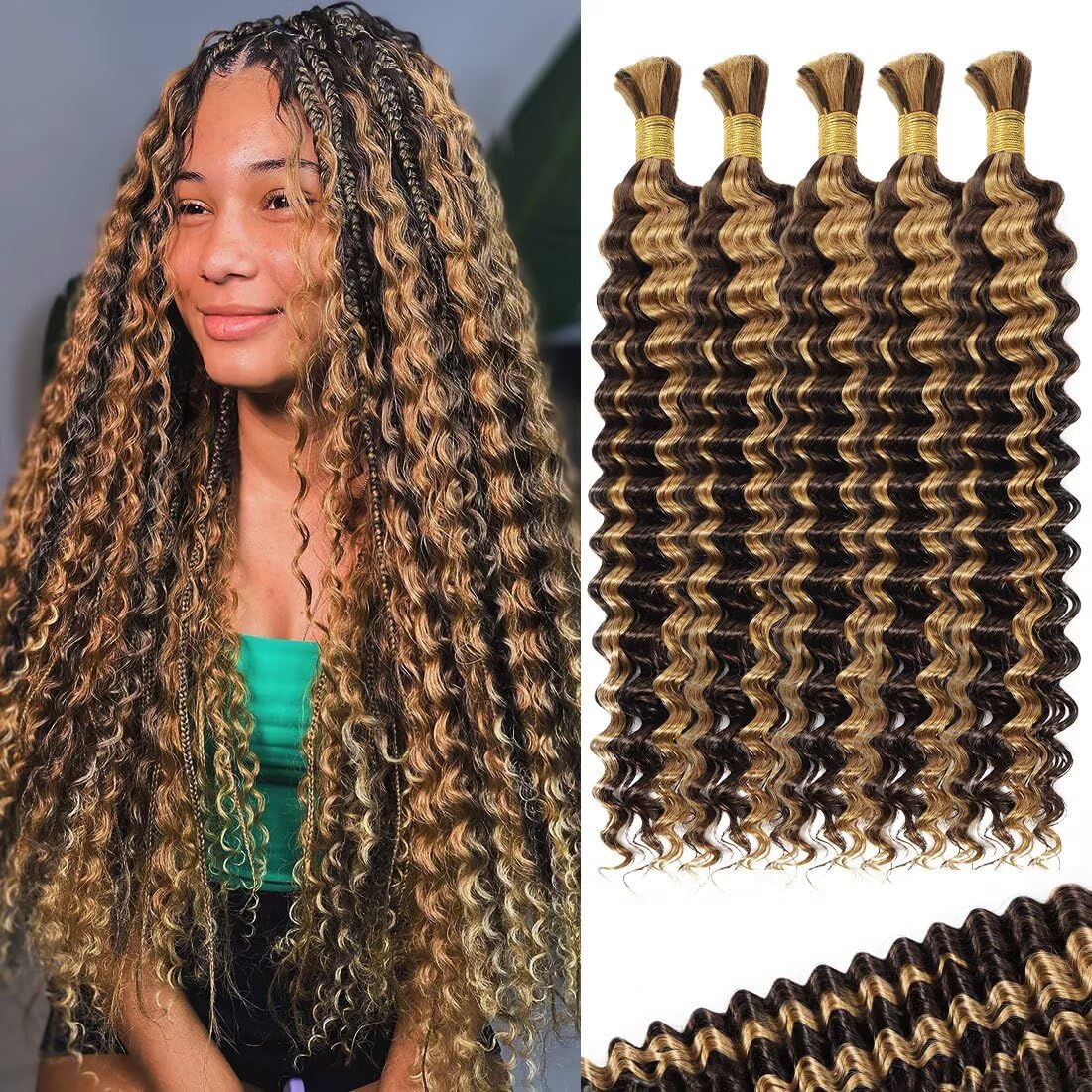 Human Braiding Hair - Deep Water Wave 16 Inch Curly Extensions | 5 Bundles P4/27 for Boho Braids