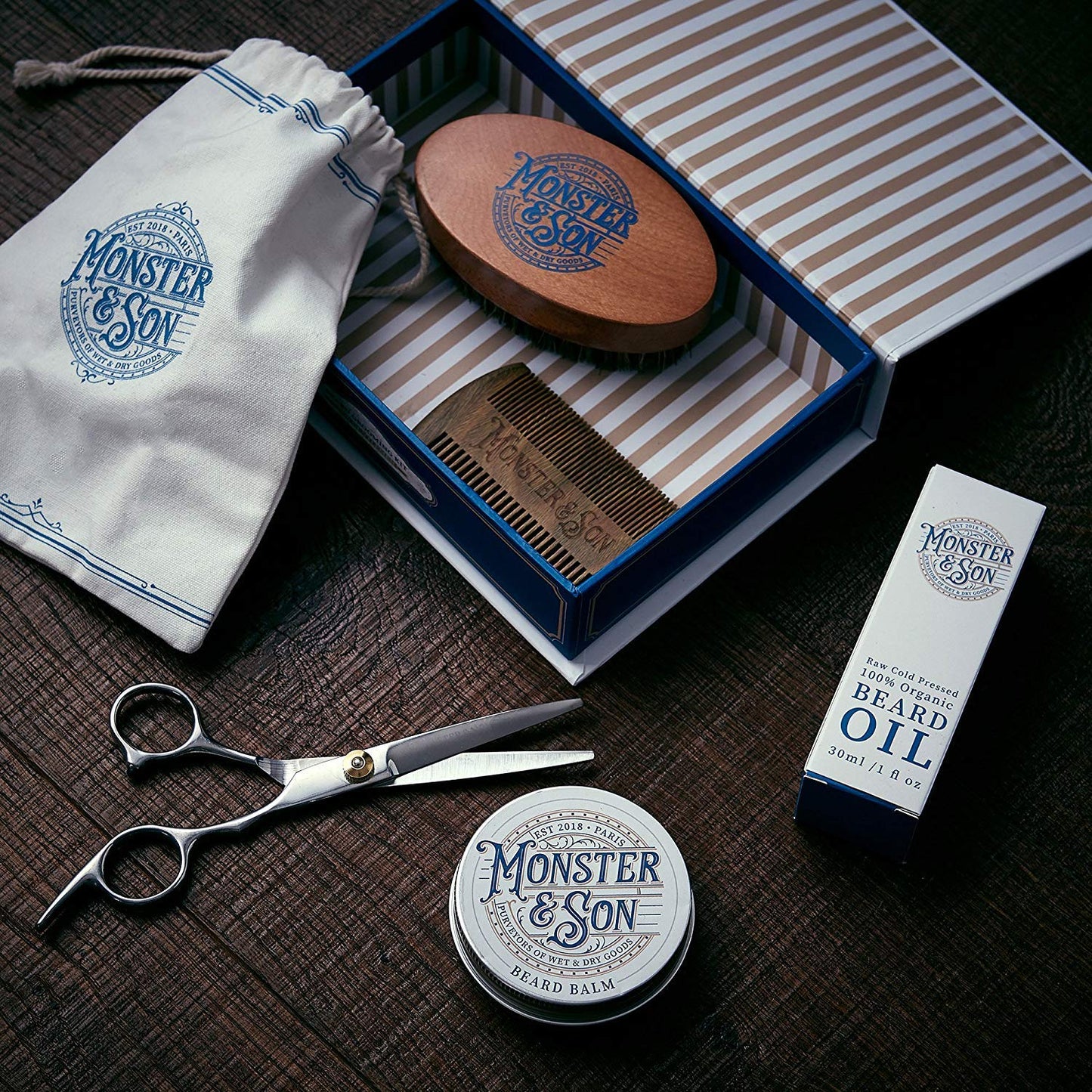 Monster&Son Premium 7-Item Organic Beard Kit - Beard Oil, Beard Balm, Beard Brush, Beard Comb, Scissors, Canvas Travel Bag - Male Grooming Kit in Gift Box - Great Mens Birthday Gift - Father's Day