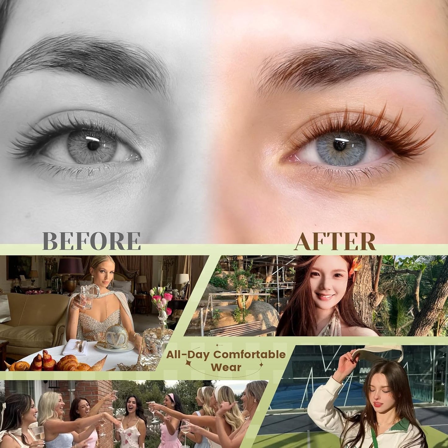 Manga Brown Lash Clusters Kit - Natural Fluffy Individual Eyelash Extensions | DIY Clear Band Lashes with Bond & Seal Glue