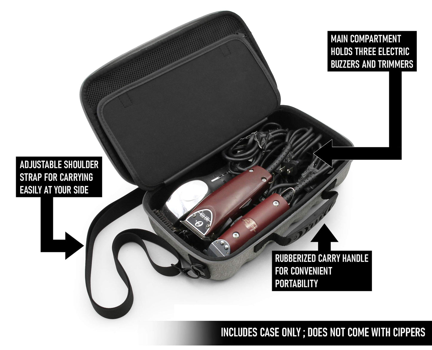 CASEMATIX Hair Clipper Case Holds Three Electric Clippers, Hair Buzzers, Trimmers, T-finishers - Travel Case for Barbers, Stylist and Hair Cutting Accessories