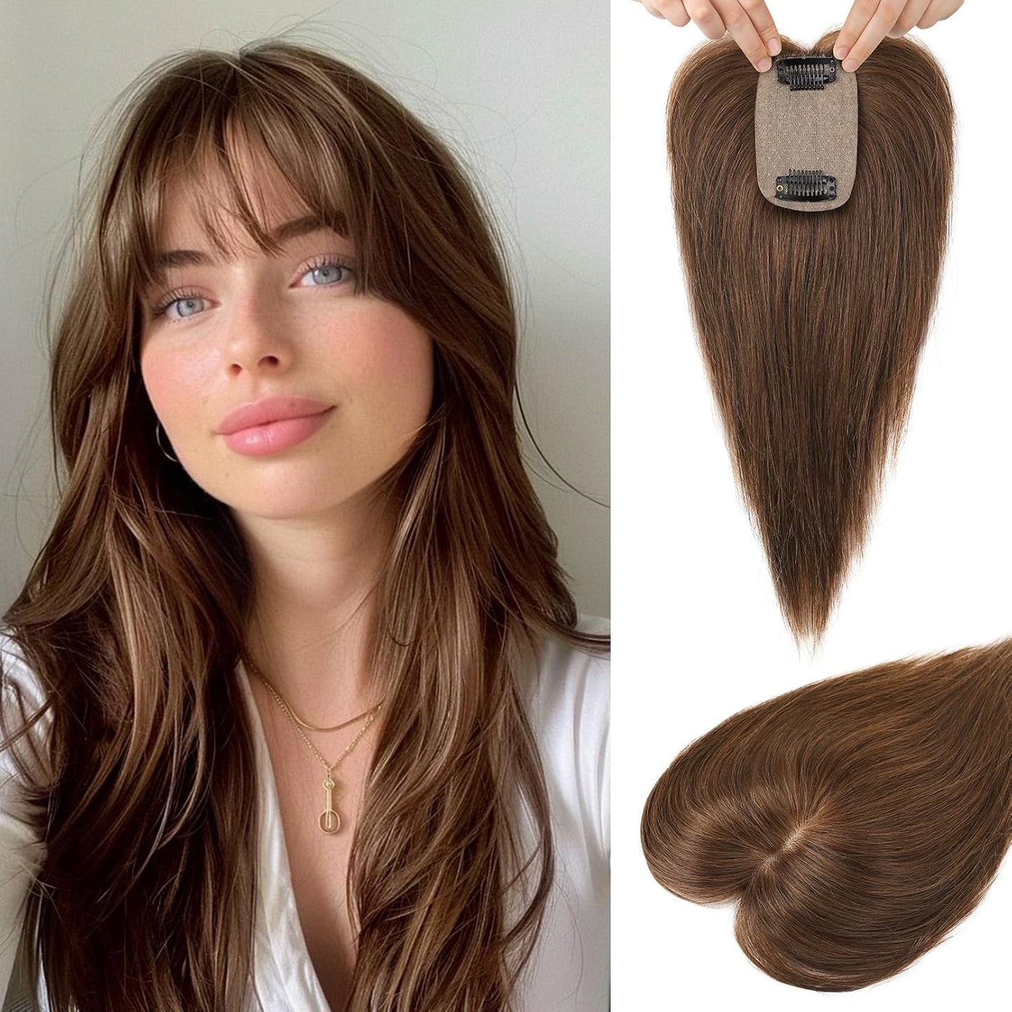 Real Human Hair Toppers for Women - 10 Inch Clip-In Bangs | 150% Density Silk Base - Medium Brown with Blonde Highlights