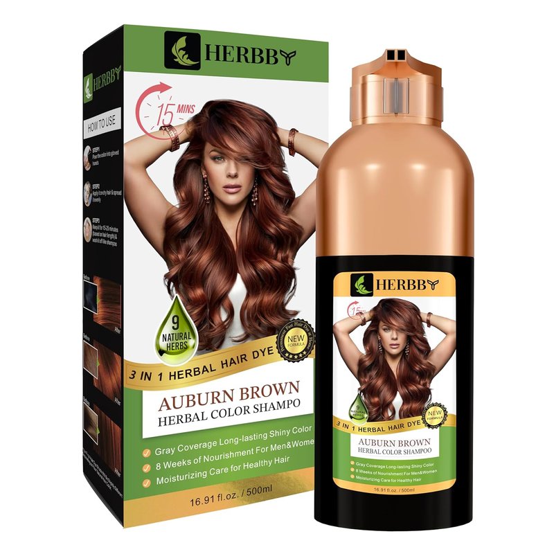 HERBBY Hair Color Shampoo - Gray Hair Coverage & Color Transformation with 9 Herbal Extracts | Auburn Brown, 500ml