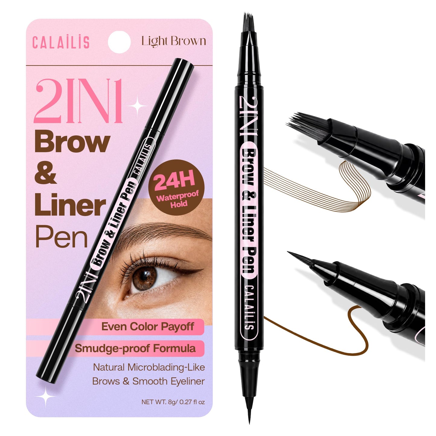 CALAILIS Eyebrow Pencils for Women, 2-in-1 Upgrade Microblading 4D and Precise Brush-Tip Dual-Ended Liquid Eyebrow Pencil, Waterproof Stay on All Day, Create Natural Hair-Like Brows (Light Brown)