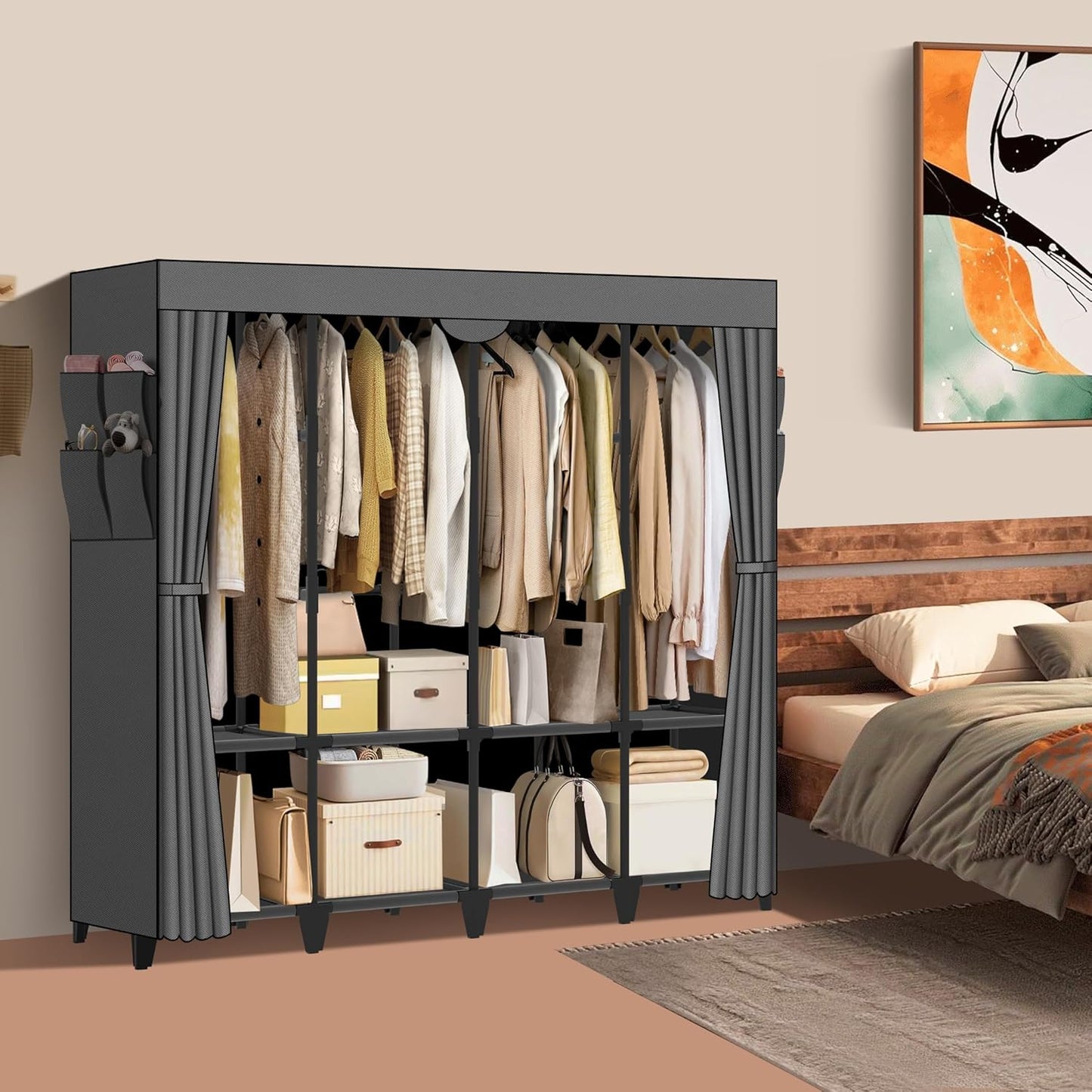 Large Capacity Portable Closet - Quick Assembly Gray Wardrobe with 4 Hanging Rods, 8 Shelves & 8 Pockets | Ideal for Bedroom & Living Room