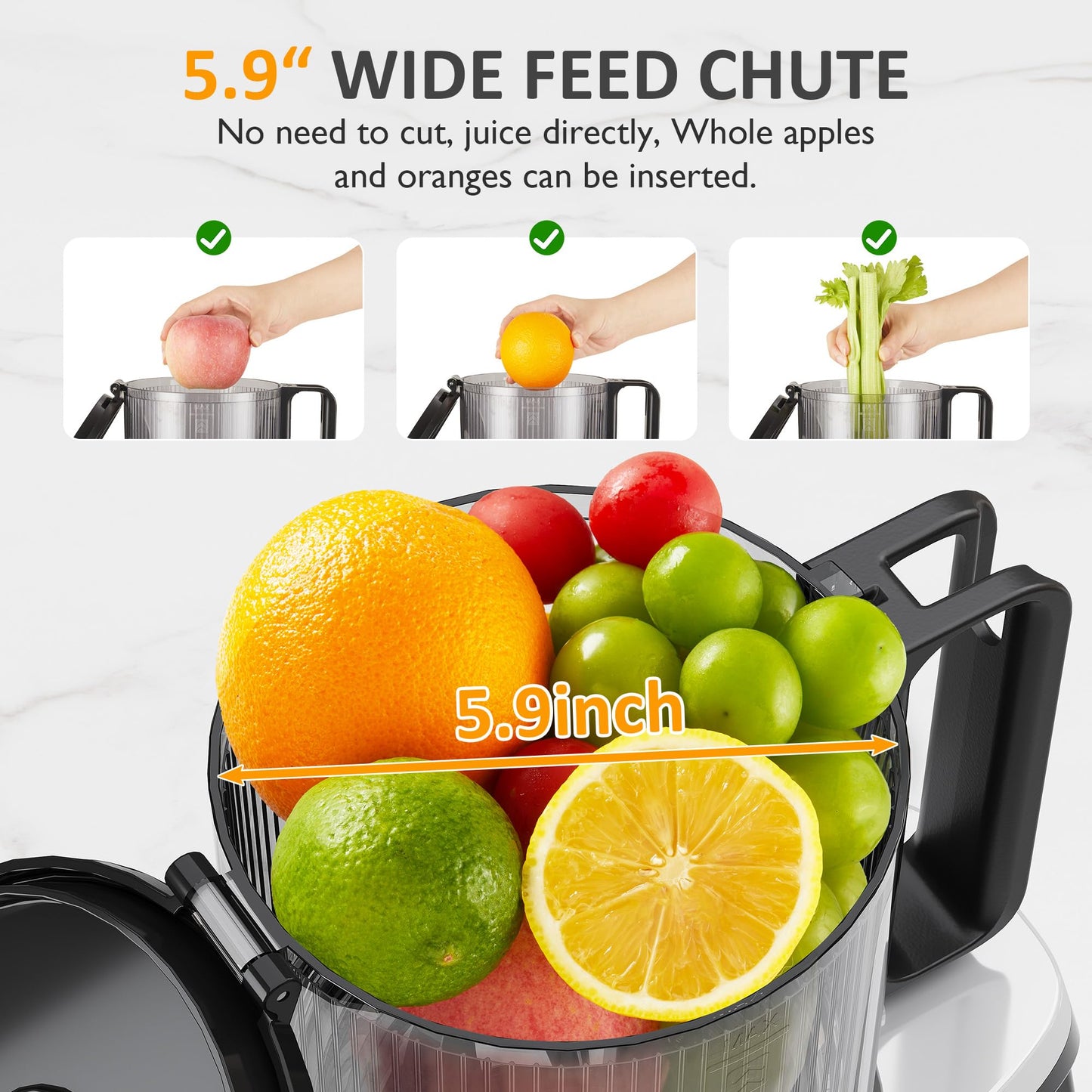 Sunvivi Cold Press Juicer with 5.9" Wide Feed Chute, 150W Slow Masticating Juicer Machines Fit Whole Vegetables & Fruits, Easy to Clean, Dual-Layer Strainer, High Yield Juicer for Home, Black