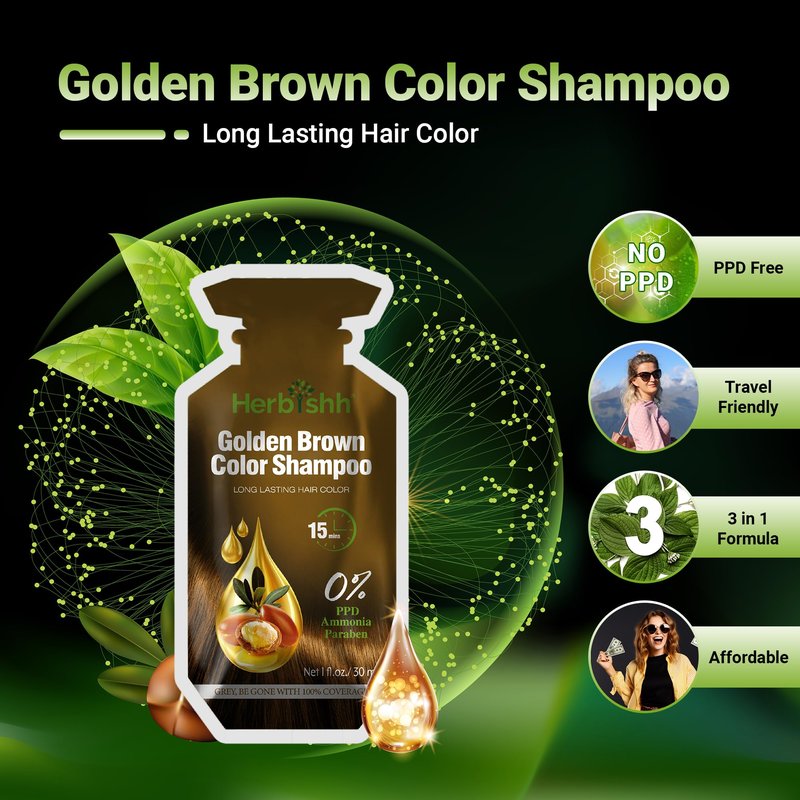 Herbishh Hair Coloring Shampoo with Argan Mask (10 Sachets + 1 Pouch) | 3-in-1 Dye, PPD-Free, Easy Application, Gray Coverage, Travel Pack | 6 Shades (Golden Brown)