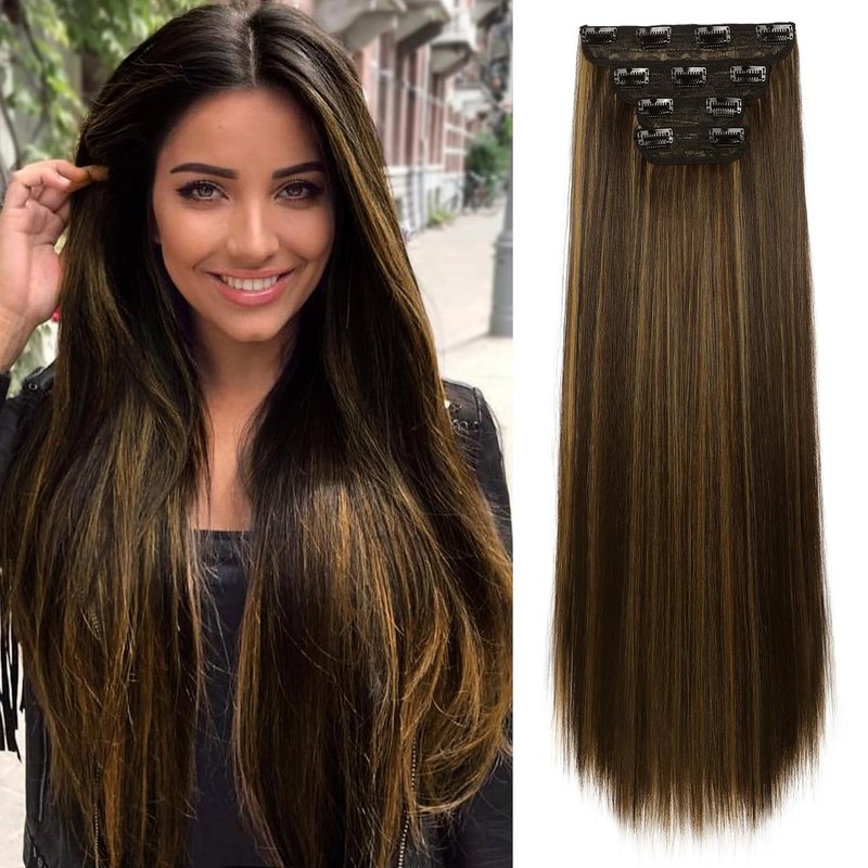 REECHO 28" Straight Long Clip-In Hair Extensions | Thick Dark Brown with Highlights - 4 PCS Set