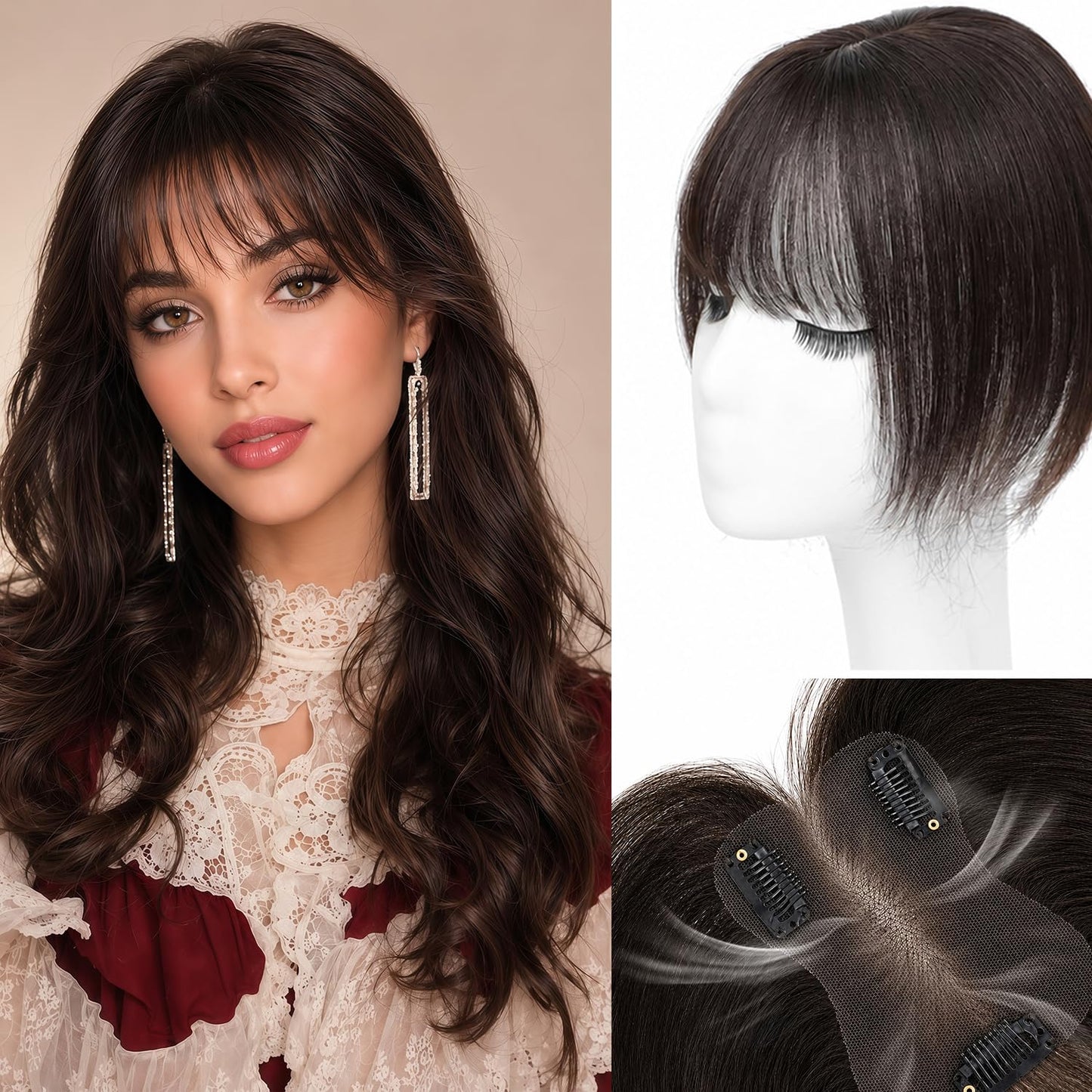 Hair Topper For Women Real Human Hair 10 Inch Super Lightweight Invisible Base Toppers Hairpieces for Women with Thinning Crown Fluffy Breathable for Summer Daily Wear(Dark Brown, French Bangs)