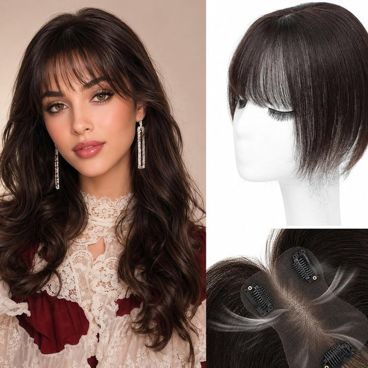 Hair Topper For Women Real Human Hair 10 Inch Super Lightweight Invisible Base Toppers Hairpieces for Women with Thinning Crown Fluffy Breathable for Summer Daily Wear(Dark Brown, French Bangs)