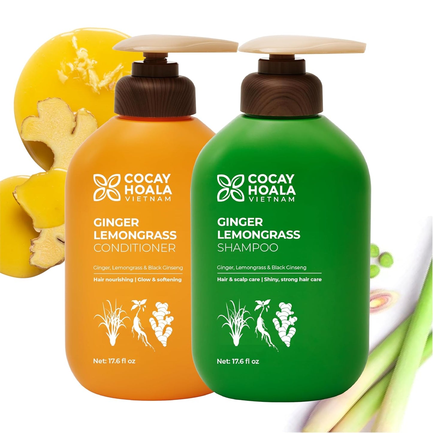 Lemongrass & Ginger Shampoo and Conditioner Set - Strengthens Thinning Hair | Paraben Free, 17.64 oz, 2 Pack