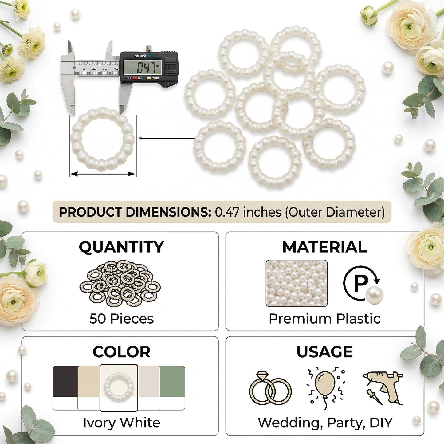 Pearl Circle Table Scatter Confetti - 50 Pcs Circle Shaped Plastic Faux Bead Charms for Wedding Table Decoration, DIY Crafts, Nail Art, Cake Topper, Bridal Shower and Party Centerpiece Ornaments