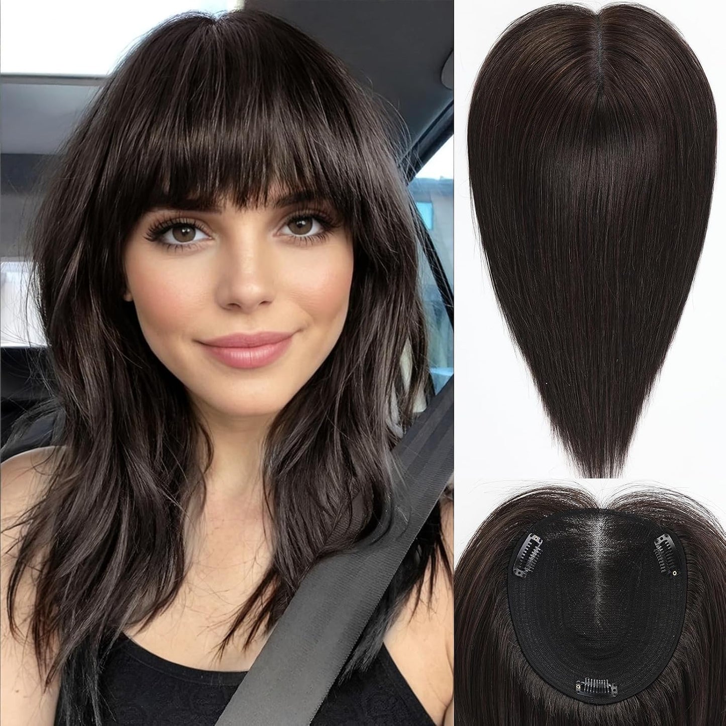 Real Human Hair Toppers for Women - 14 Inch Silk Base, Mixed Brown with Bangs | 60g